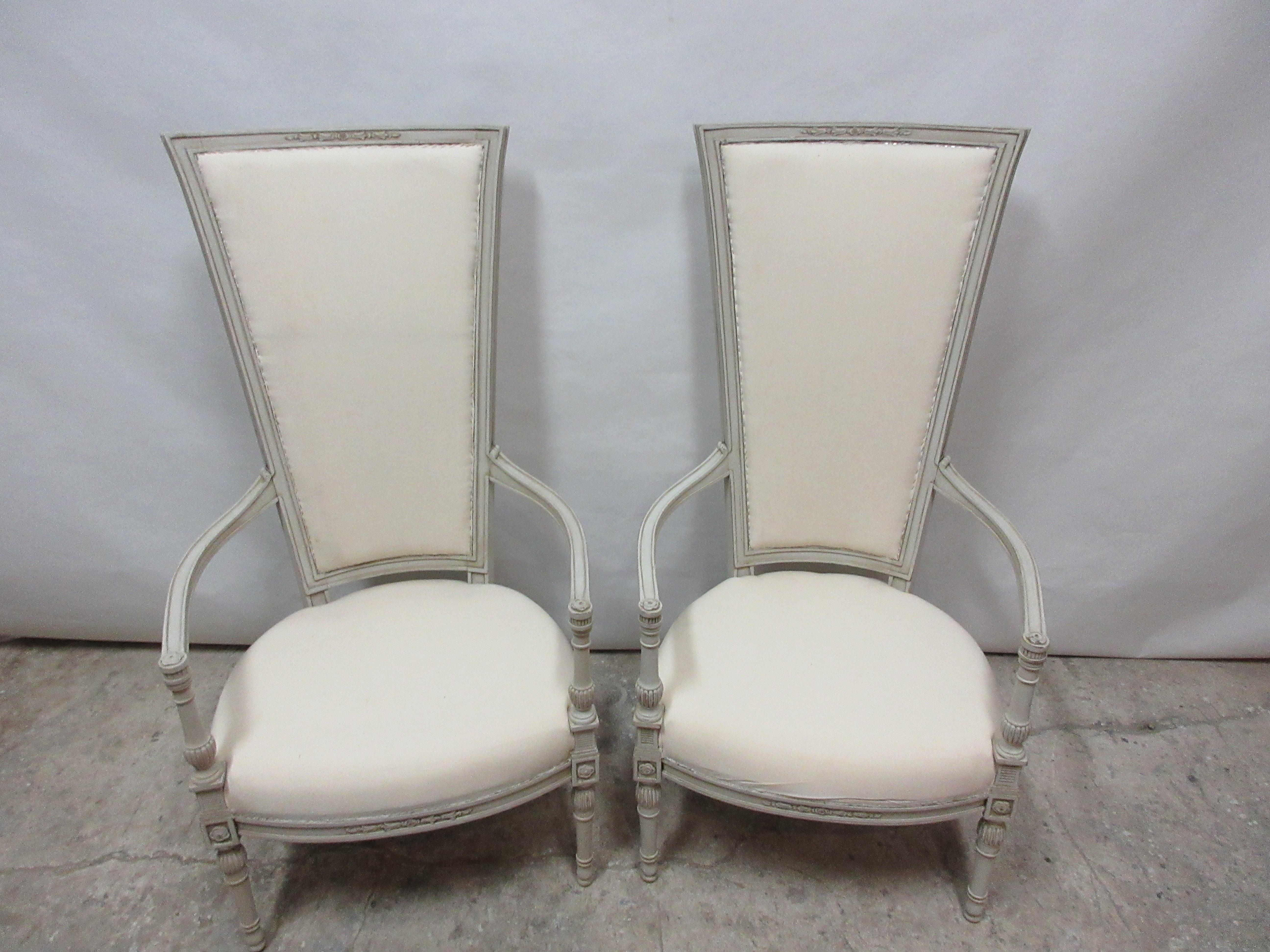 This is a set of 2 Gustavian style tall back armchairs, they have been restored and repainted with milk paints 