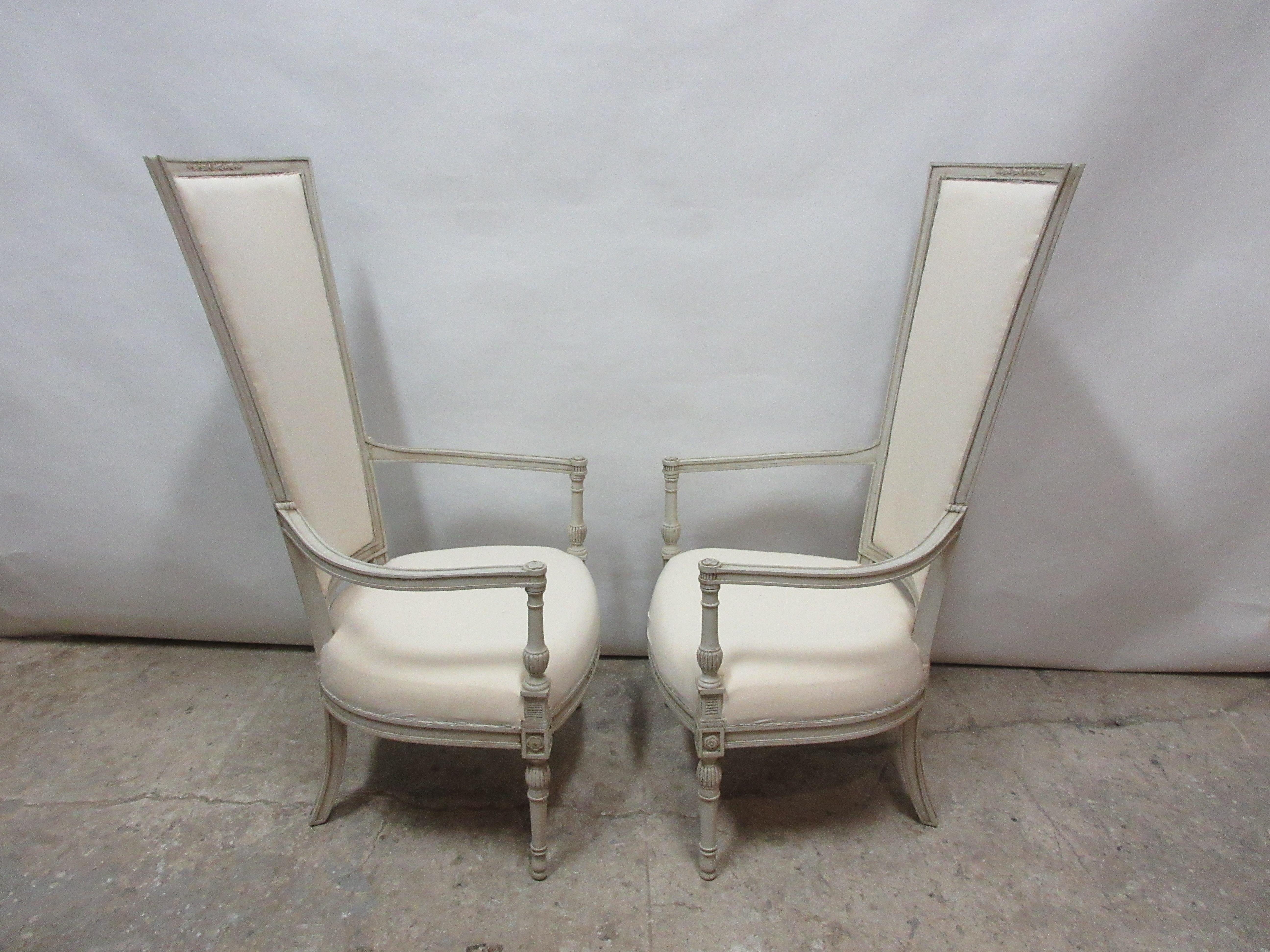 Set of 2 Gustavian Style Tall Back Armchairs In Distressed Condition For Sale In Hollywood, FL