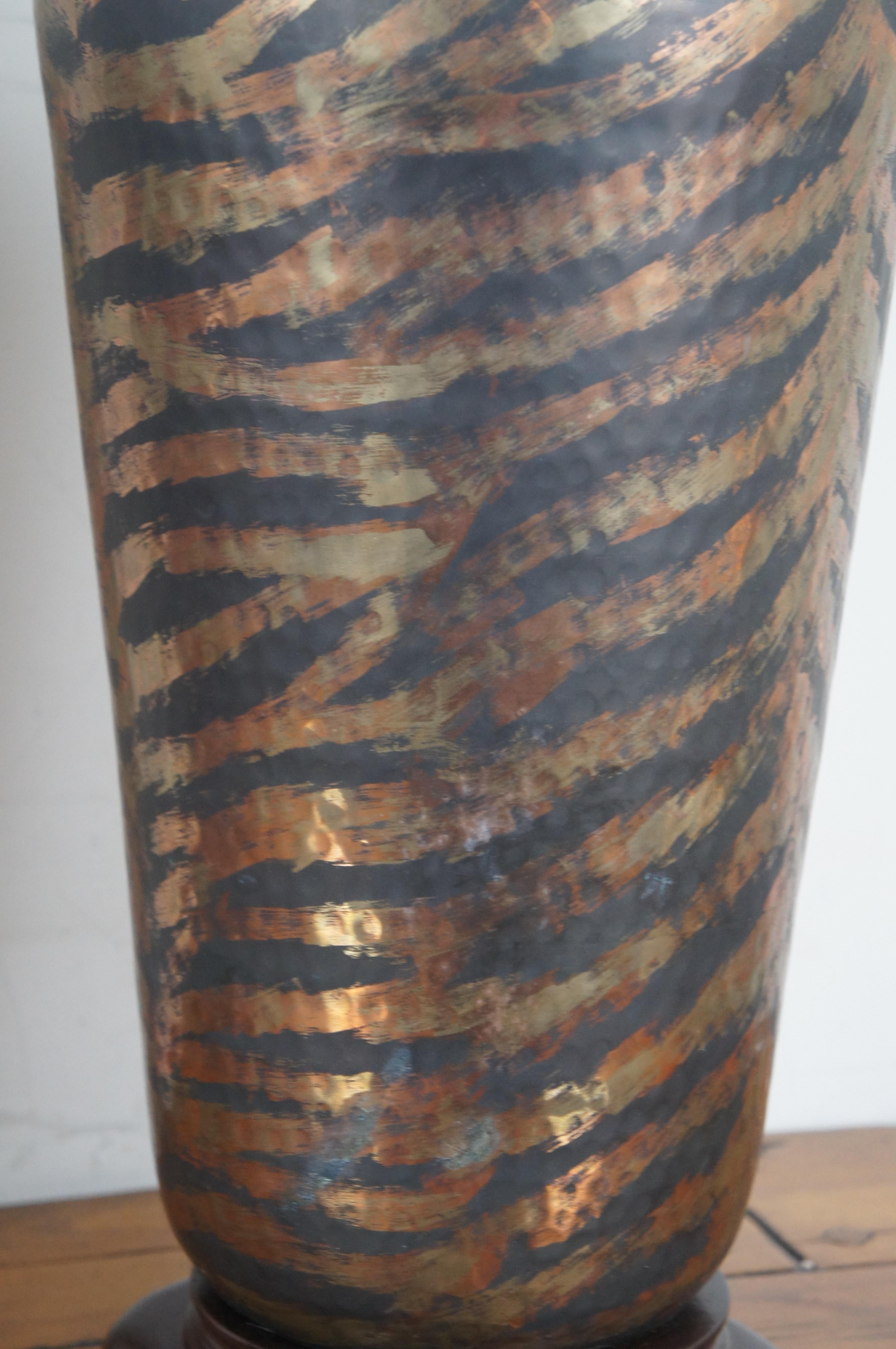 2 Hammered Brass Copper Urn Table Lamps Zebra Tiger Stripe Pair For Sale 4