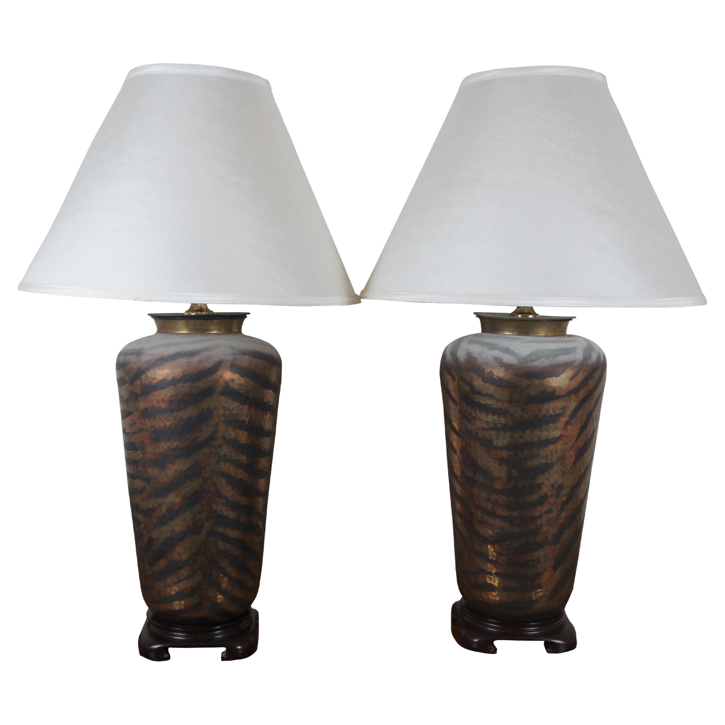 2 Hammered Brass Copper Urn Table Lamps Zebra Tiger Stripe Pair