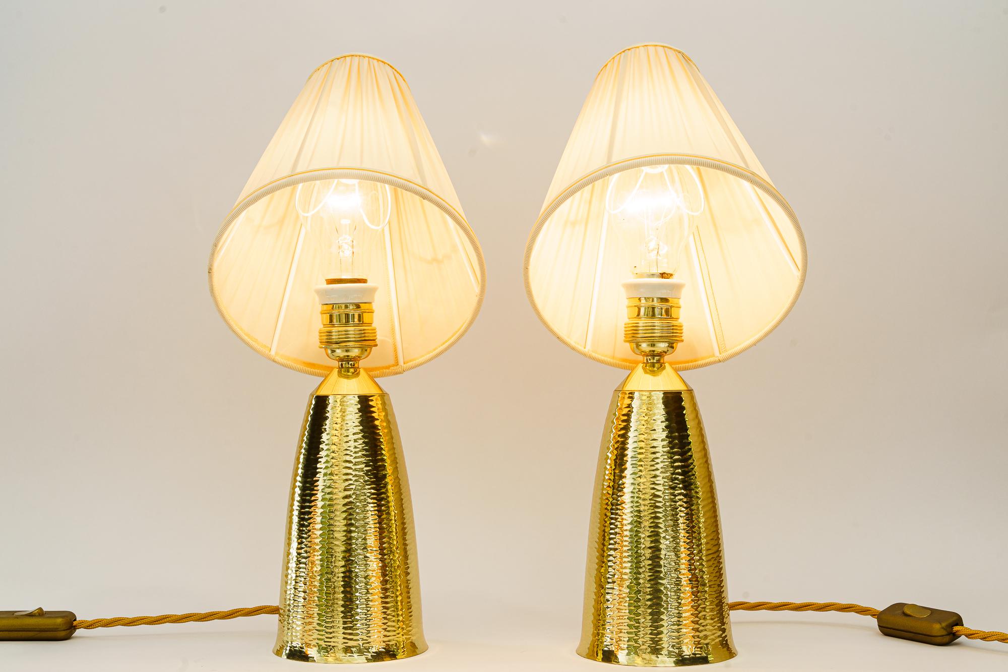 Brass 2  hammered table lamps with fabric shades vienna around 1950s  For Sale