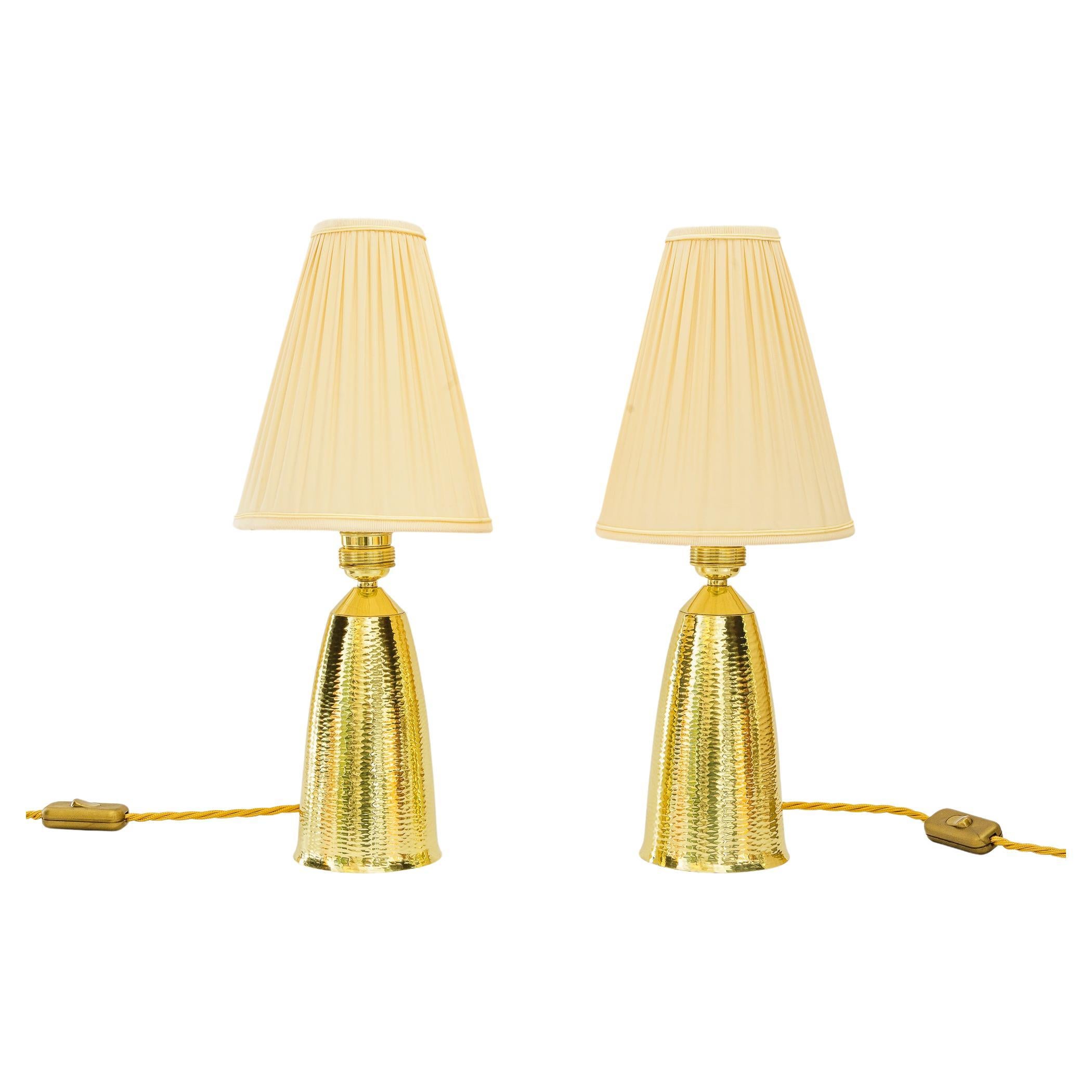 2  hammered table lamps with fabric shades vienna around 1950s 