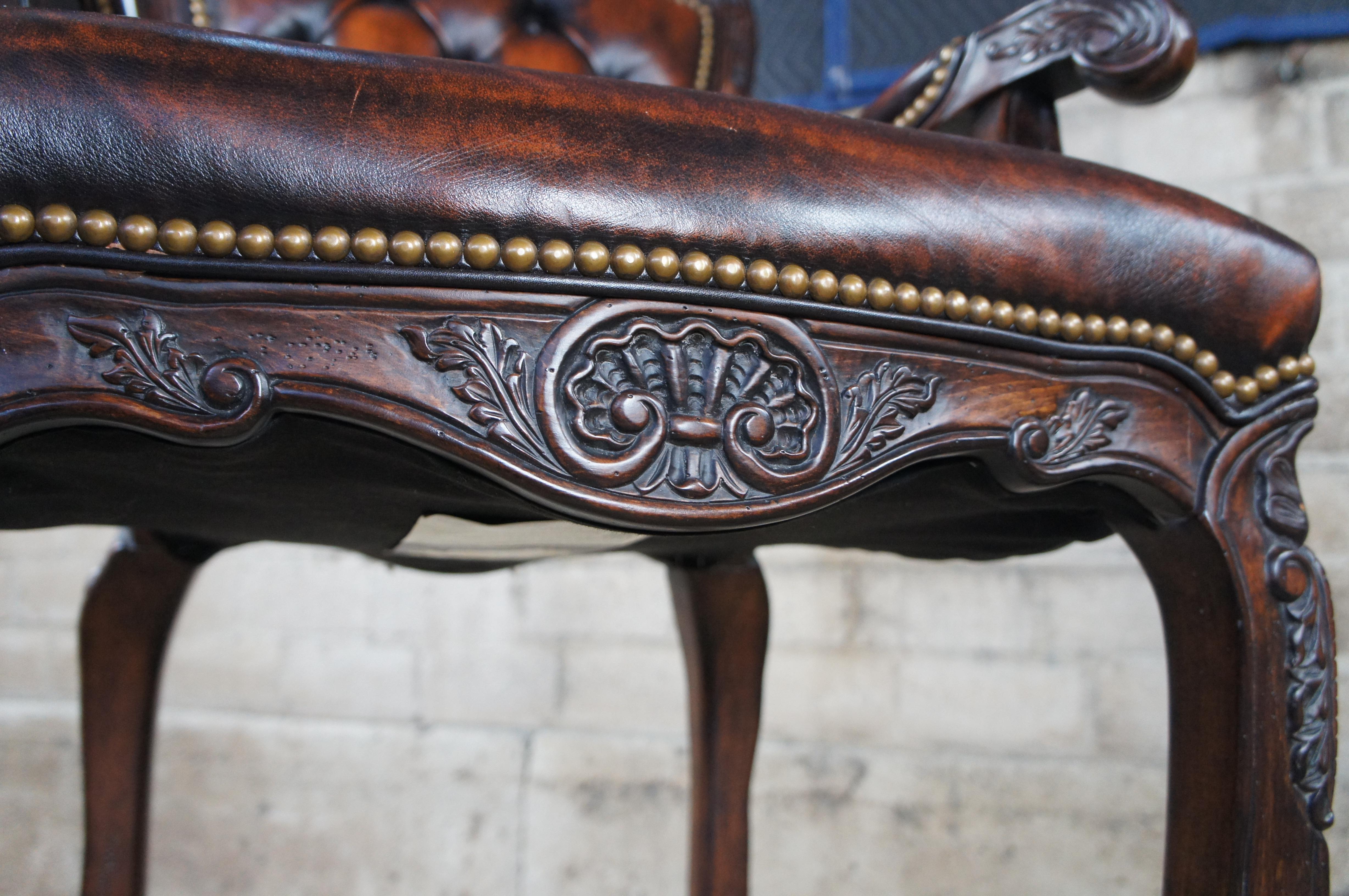 2 Hancock & Moore French Louis XV Style Carved Brown Leather Tufted Bar Stools For Sale 8