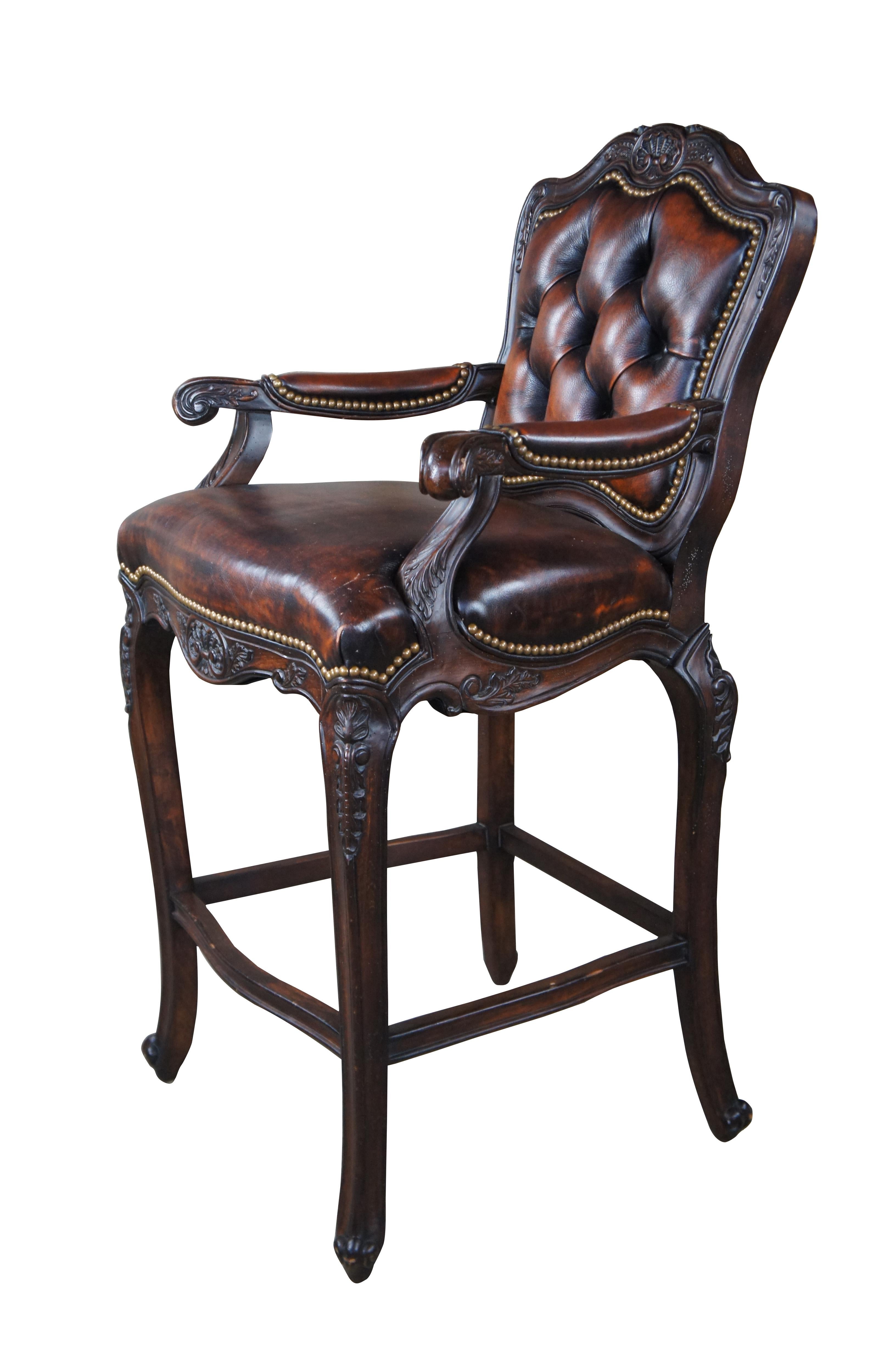 2 Hancock & Moore French Louis XV Style Carved Brown Leather Tufted Bar Stools In Good Condition For Sale In Dayton, OH