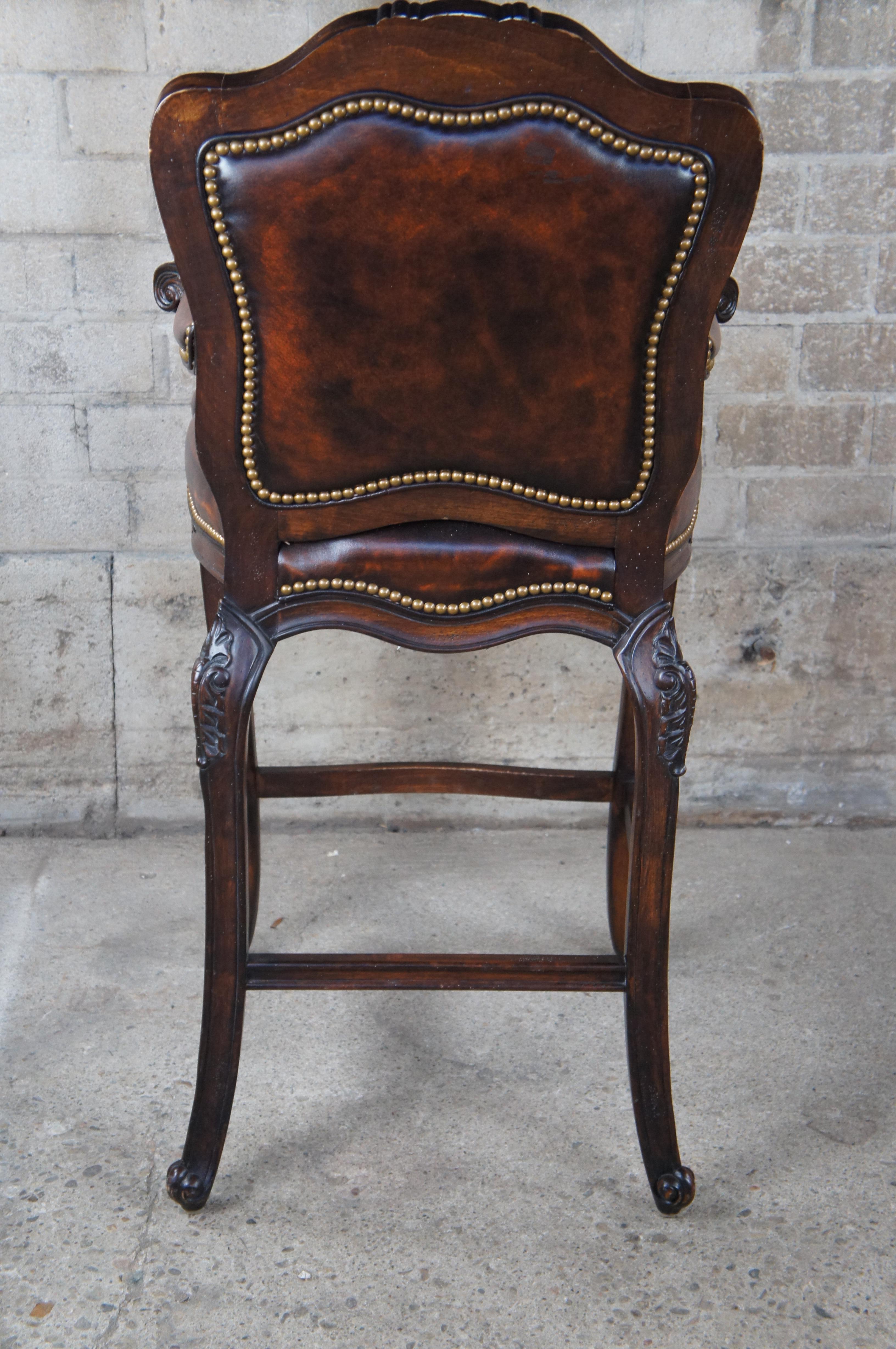 2 Hancock & Moore French Louis XV Style Carved Brown Leather Tufted Bar Stools For Sale 2