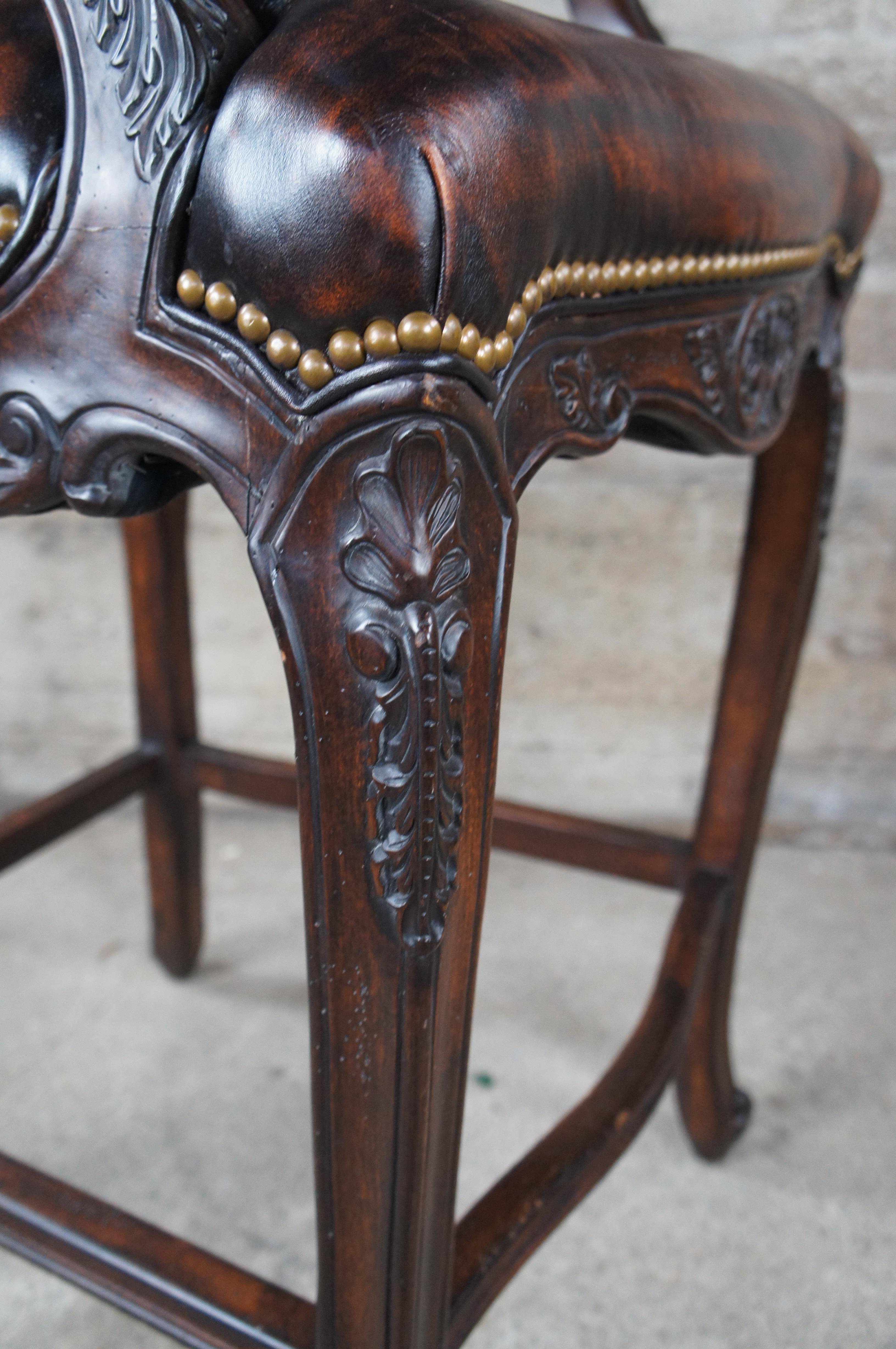 2 Hancock & Moore French Louis XV Style Carved Brown Leather Tufted Bar Stools For Sale 5