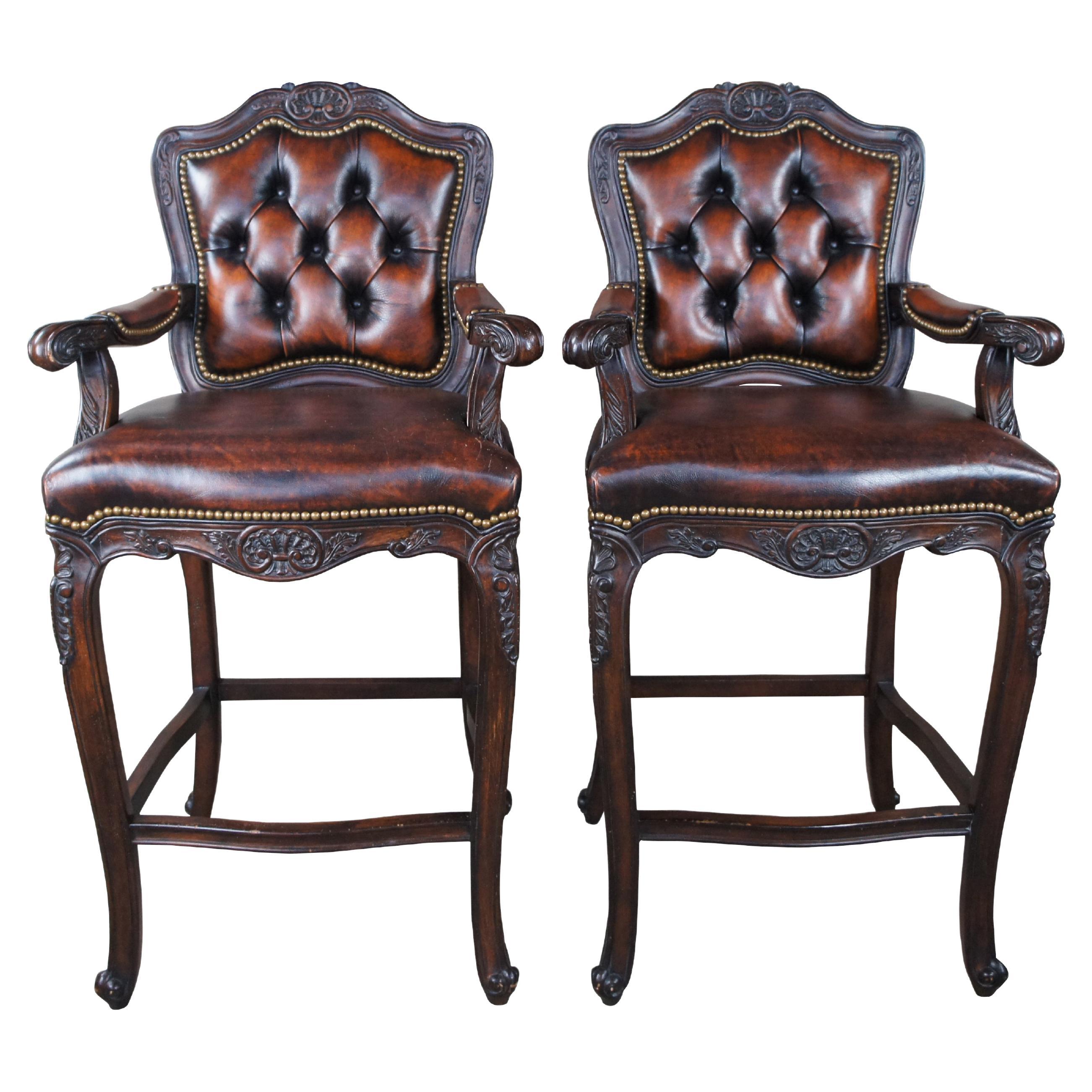 2 Hancock & Moore French Louis XV Style Carved Brown Leather Tufted Bar Stools For Sale