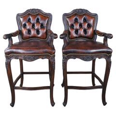 2 Hancock & Moore French Louis XV Style Carved Brown Leather Tufted Bar Stools