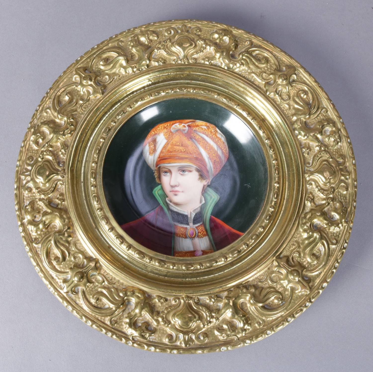 Indian Two Hand-Painted Porcelain Maharaja Portrait Plates, India, Embossed Frame