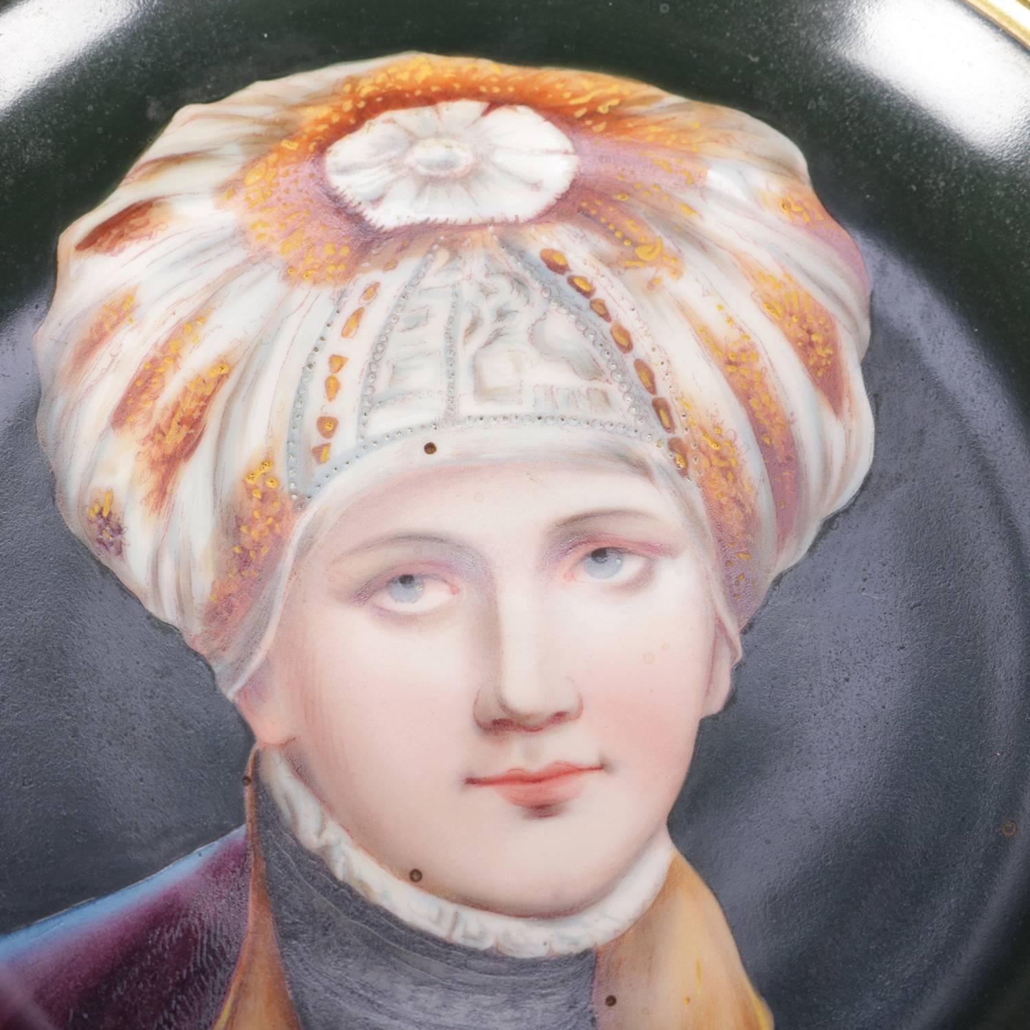 Two Hand-Painted Porcelain Maharaja Portrait Plates, India, Embossed Frame In Good Condition In Big Flats, NY