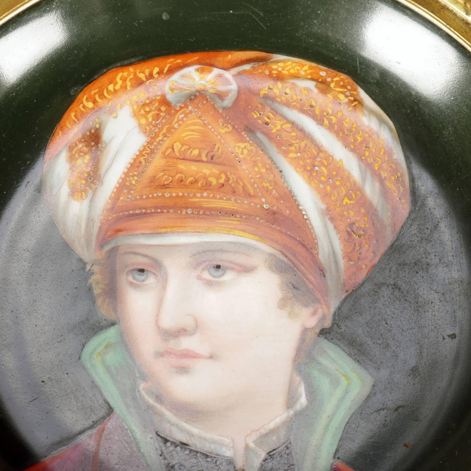 20th Century Two Hand-Painted Porcelain Maharaja Portrait Plates, India, Embossed Frame