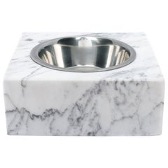 2 Handmade Squared White Carrara Marble Cats or Dogs Bowl with Removable Steel