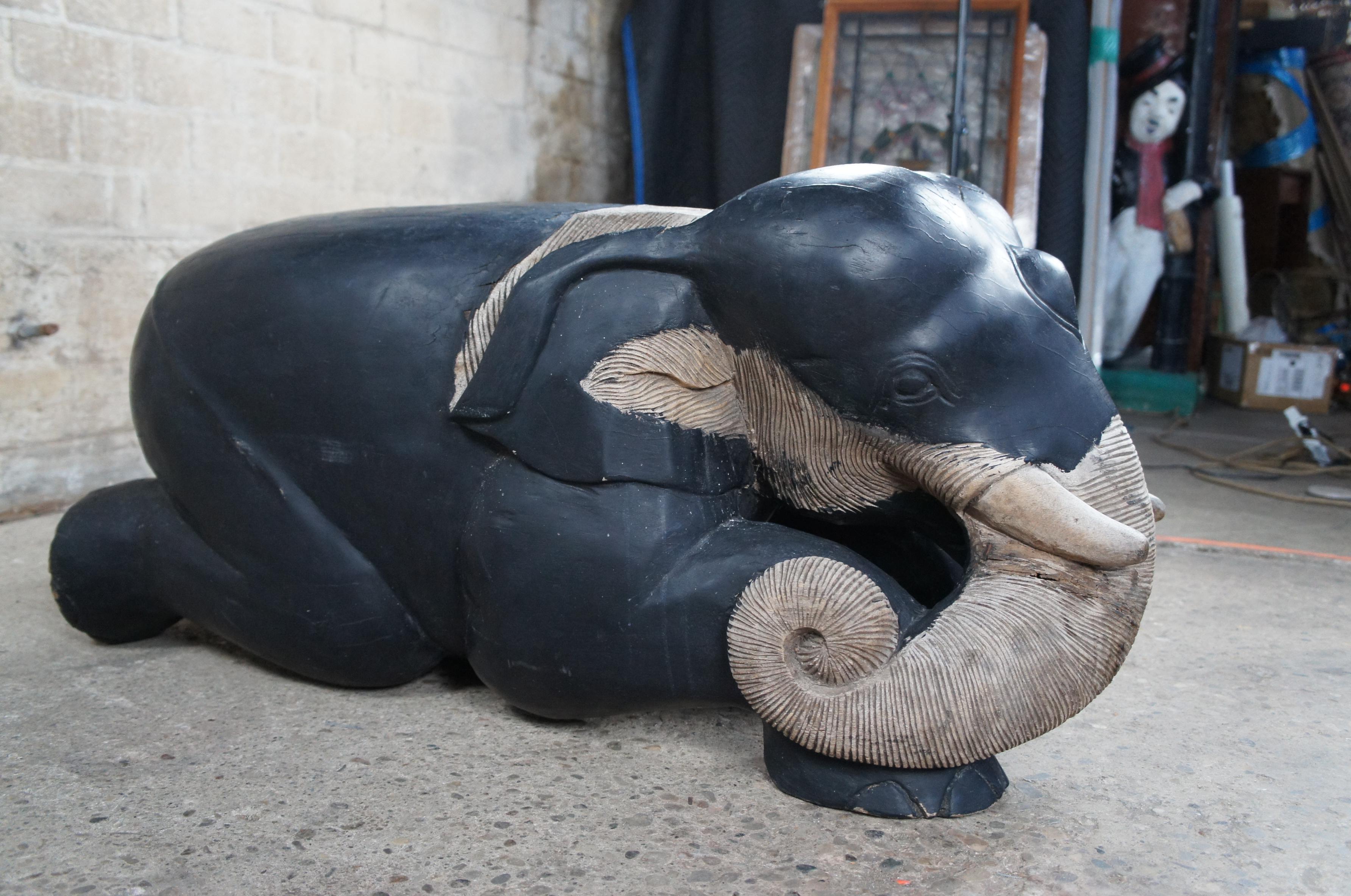 2 Handmade Vintage Indonesian Carved Teak Wood Elephant Guardian Statues For Sale 1
