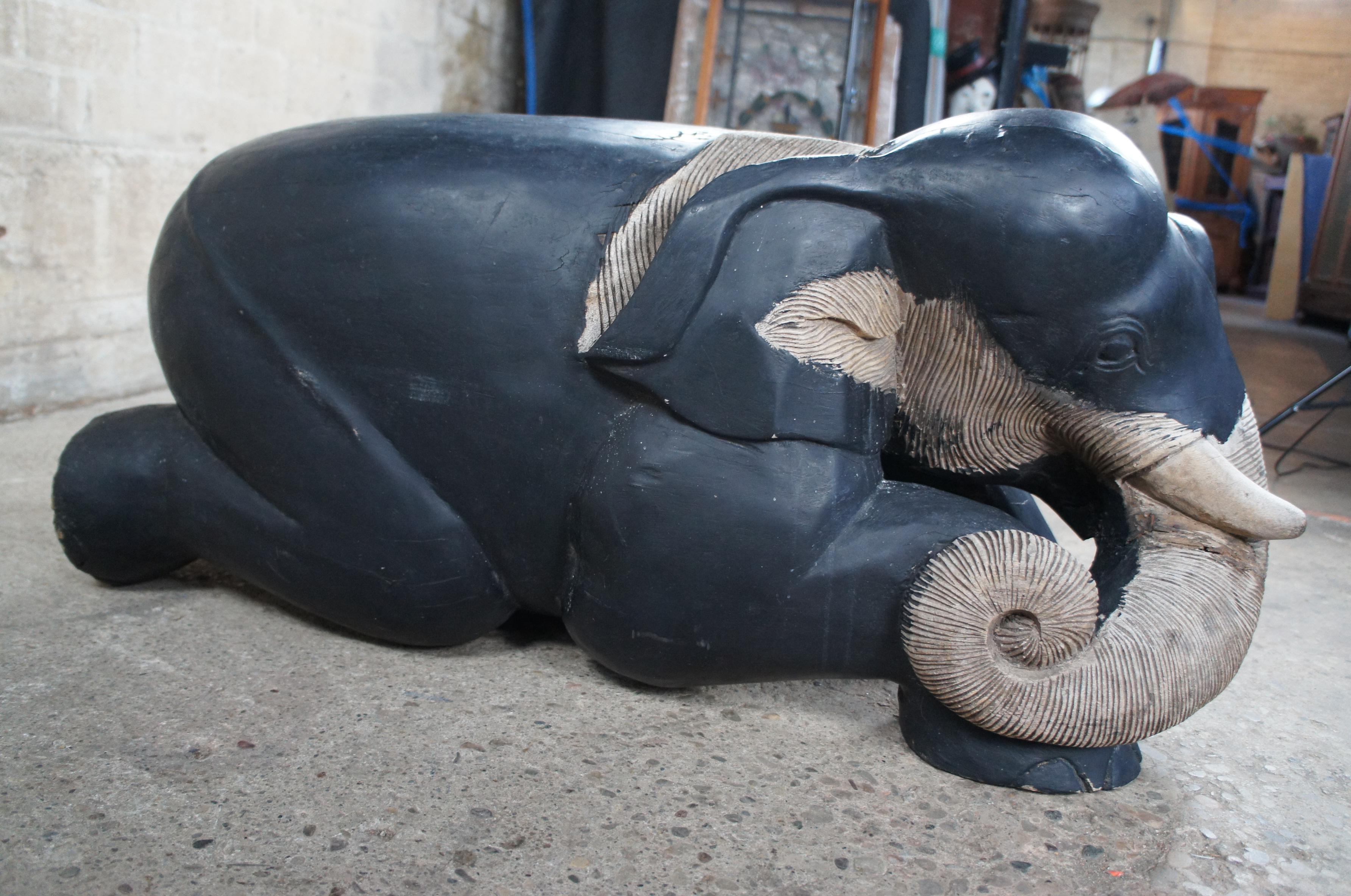2 Handmade Vintage Indonesian Carved Teak Wood Elephant Guardian Statues For Sale 4
