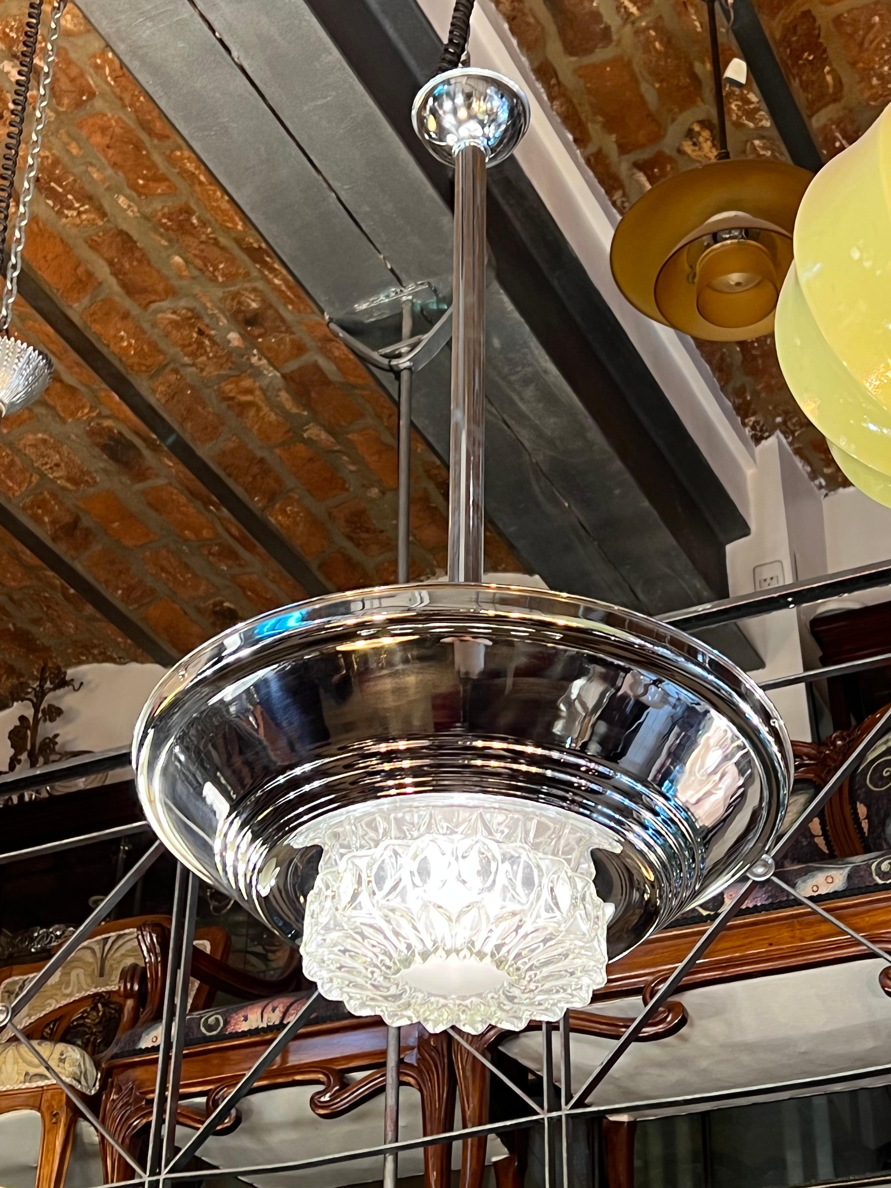 Mid-20th Century 2 Hanging Lamps in Crystal and Chrome, 1950 For Sale