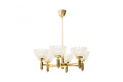 2 Hans-Agne Jakobsson MidCentury Brass & Frosted Geometric Cut Glass Chandeliers