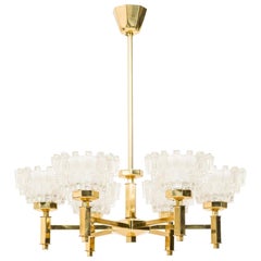 2 Hans-Agne Jakobsson MidCentury Brass 
Frosted Geometric Cut Glass Chandeliers