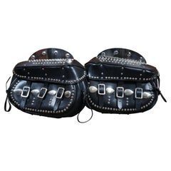 2 Harley Davidson OEM Knuckle Flat Panhead Black Studded Leather Saddlebags Pair