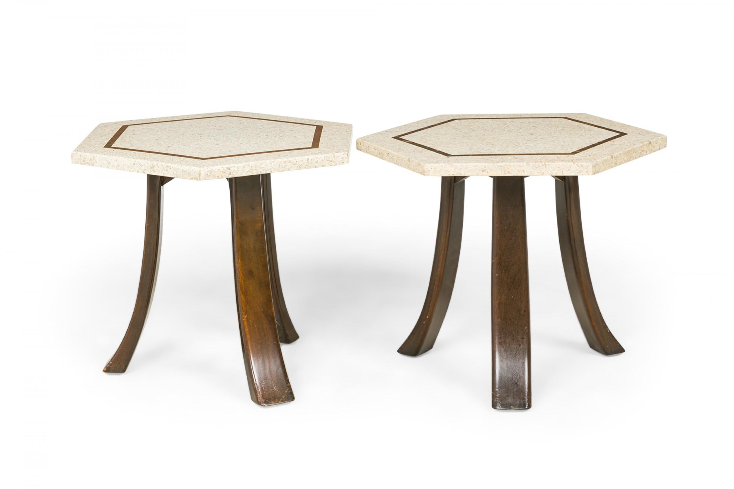 Mid-Century Modern 2 Harvey Probber White Terrazzo and Bronze Inlay Hexagonal End / Side Tables