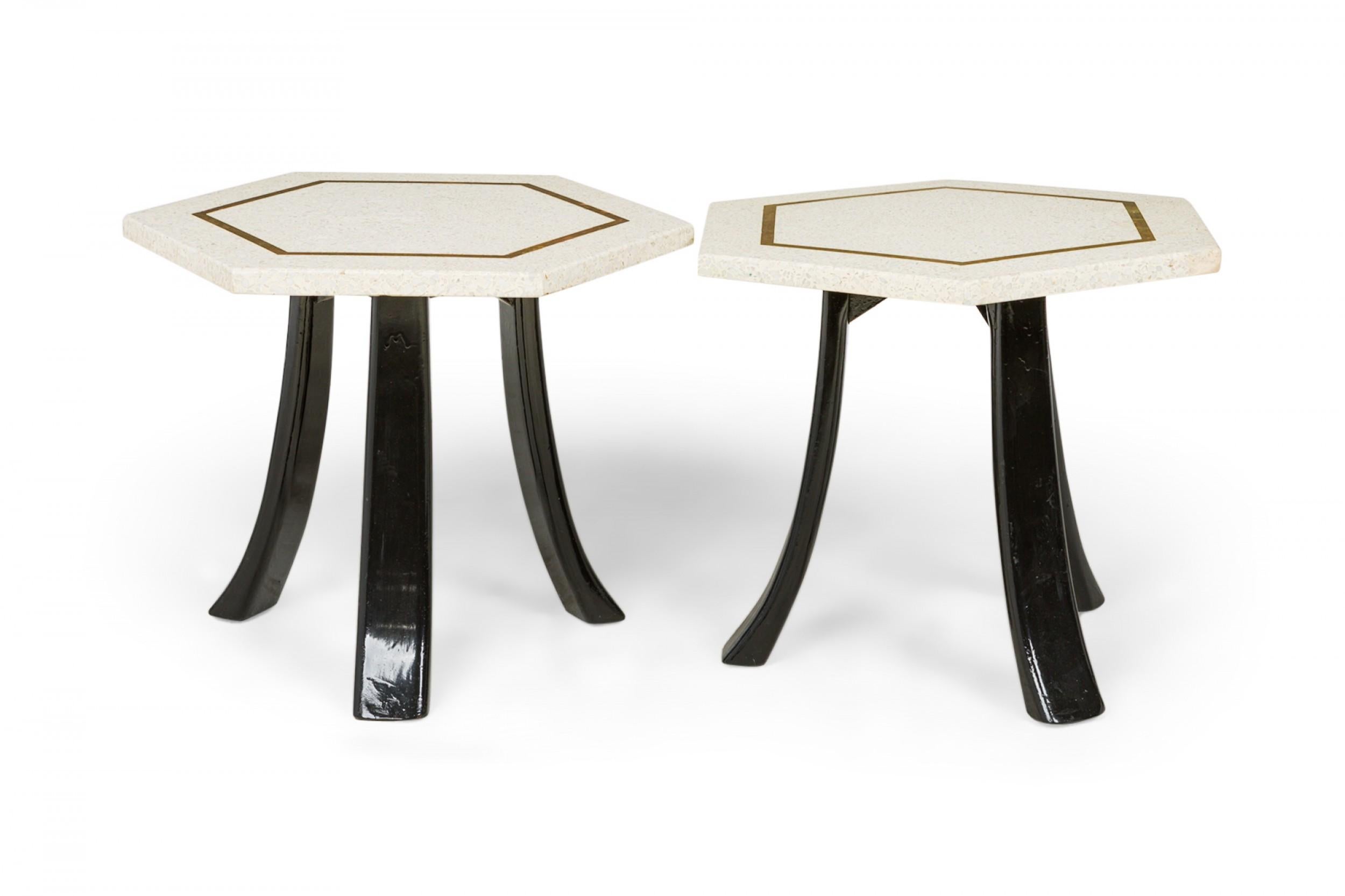 Mid-Century Modern 2 Harvey Probber White Terrazzo and Bronze Inlay Hexagonal End / Side Tables For Sale
