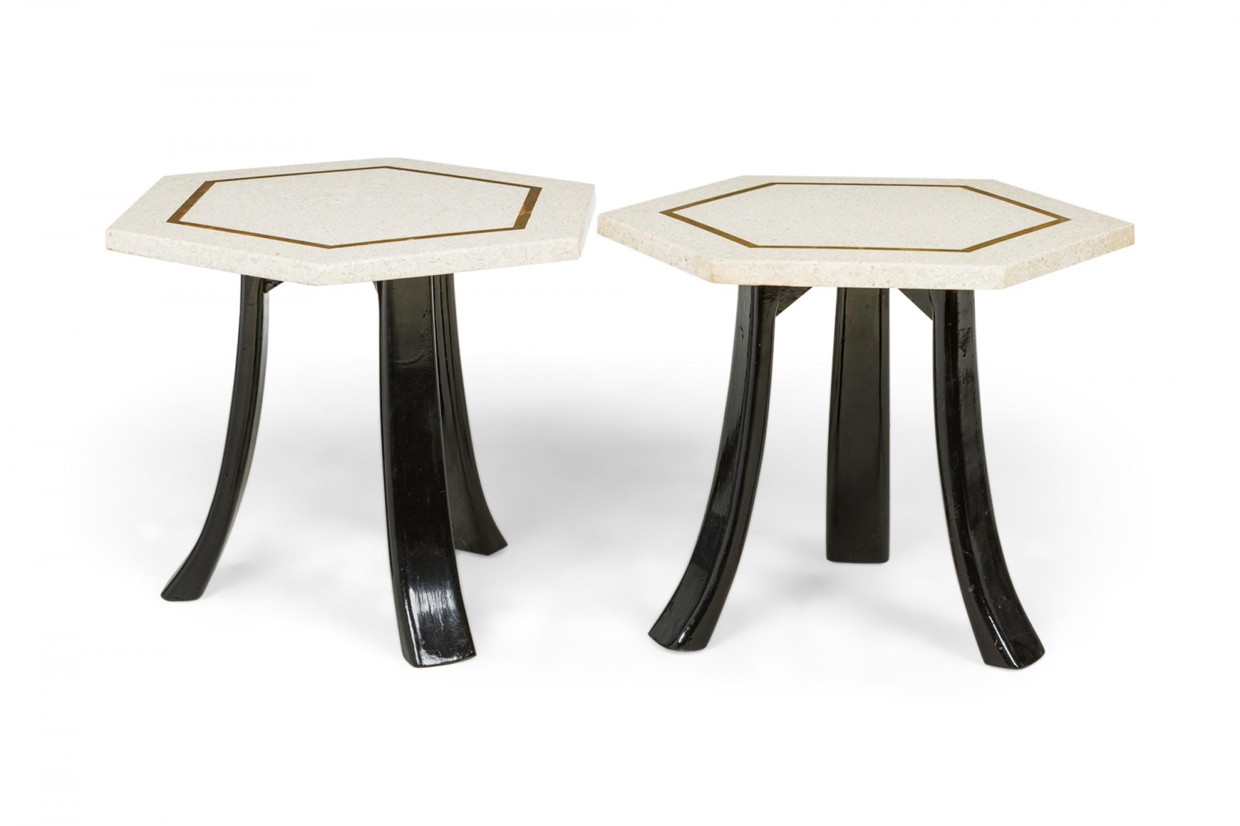 American 2 Harvey Probber White Terrazzo and Bronze Inlay Hexagonal End / Side Tables For Sale