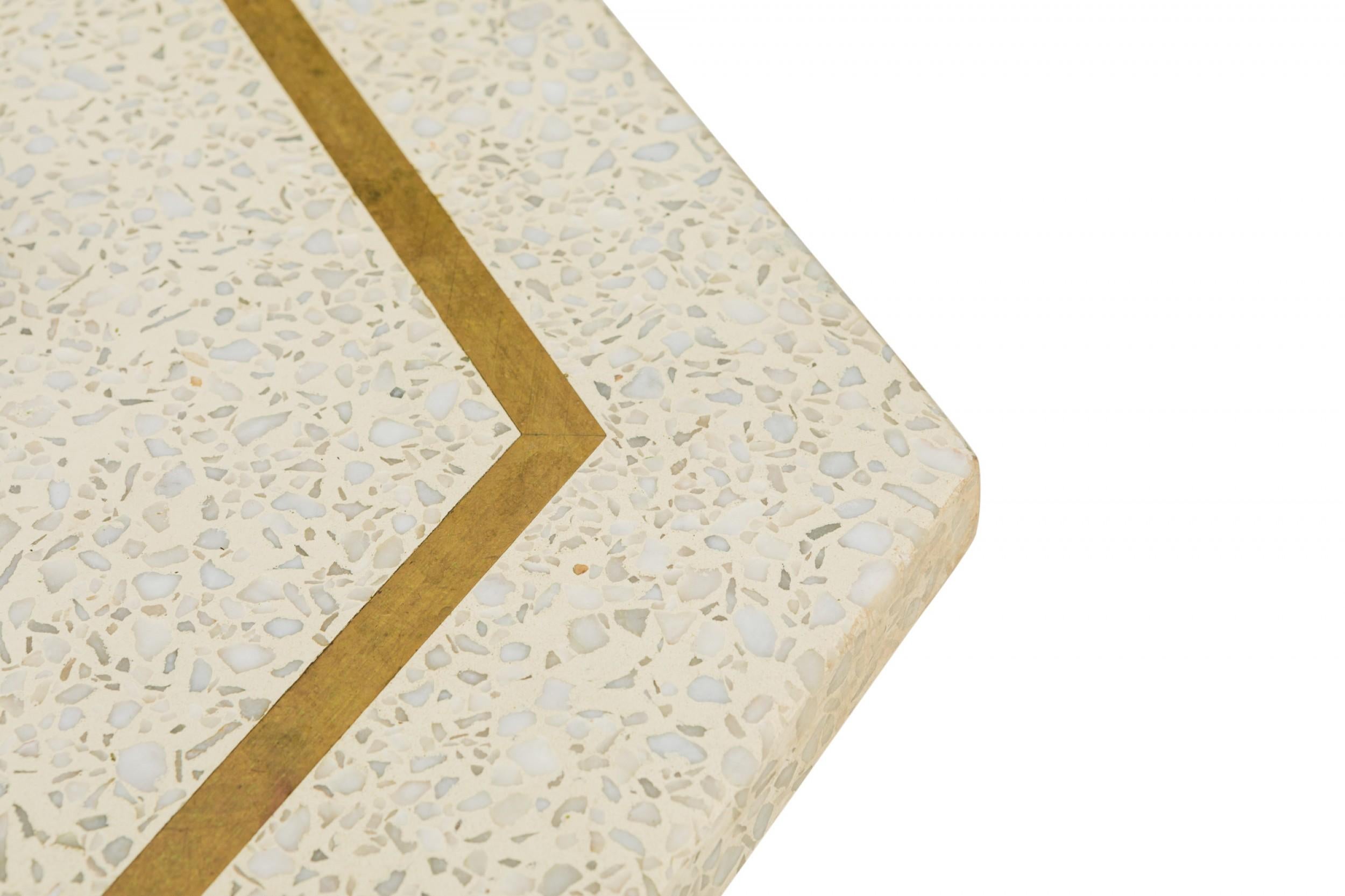 2 Harvey Probber White Terrazzo and Bronze Inlay Hexagonal End / Side Tables In Good Condition For Sale In New York, NY