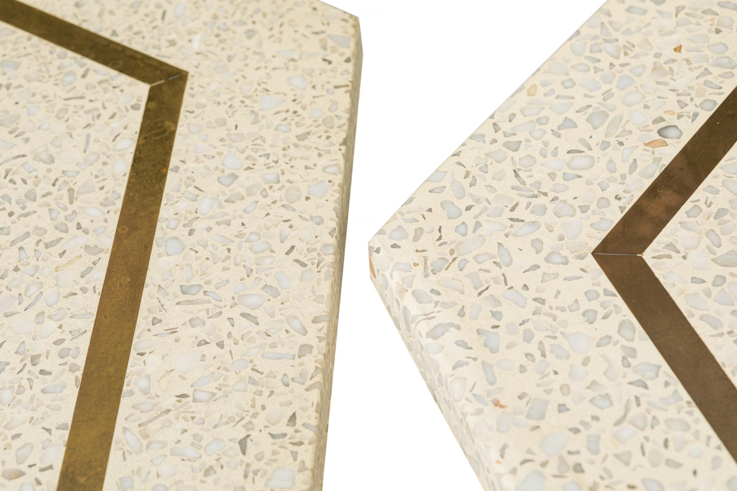 20th Century 2 Harvey Probber White Terrazzo and Bronze Inlay Hexagonal End / Side Tables For Sale
