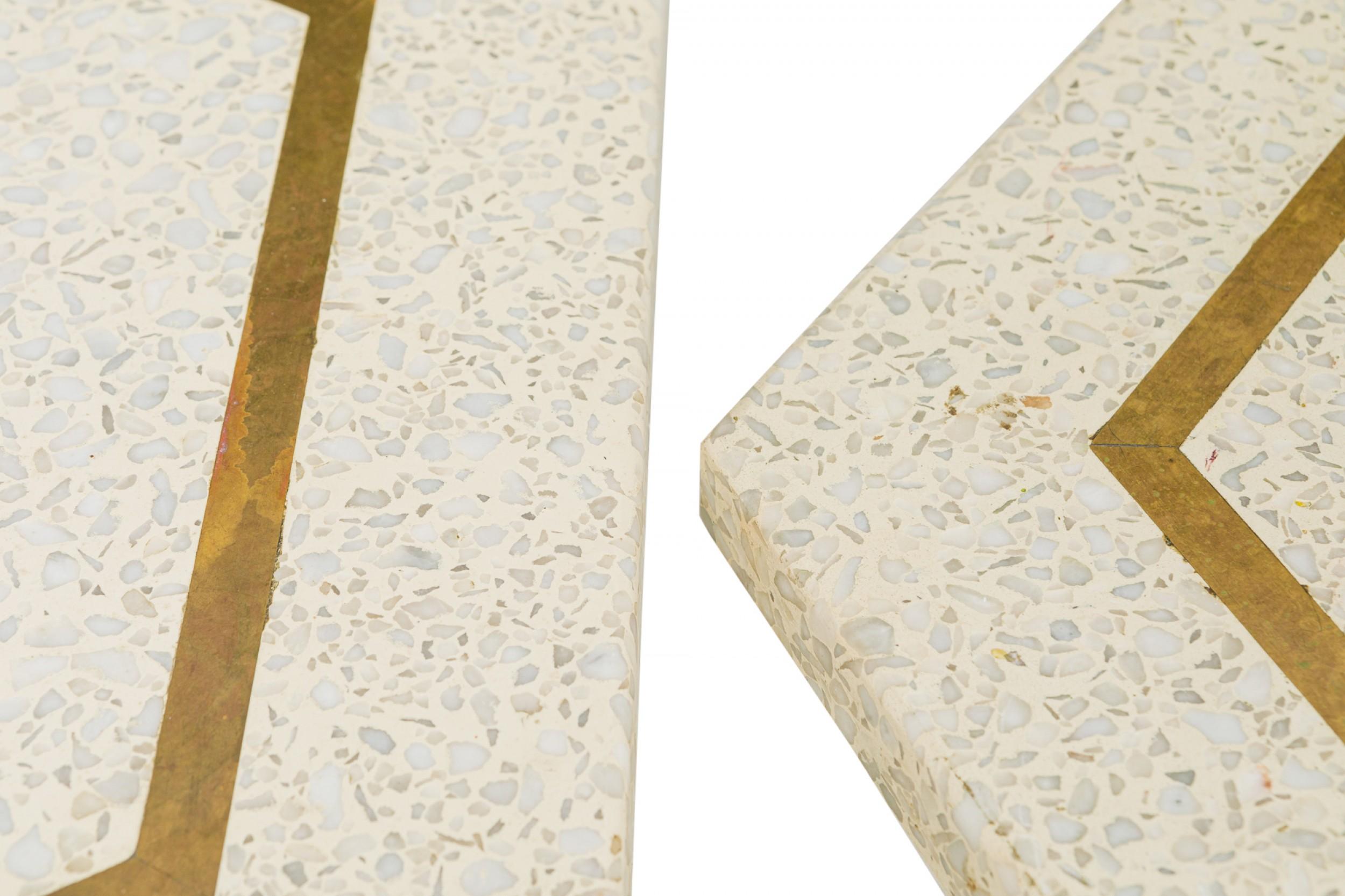 20th Century 2 Harvey Probber White Terrazzo and Bronze Inlay Hexagonal End / Side Tables For Sale