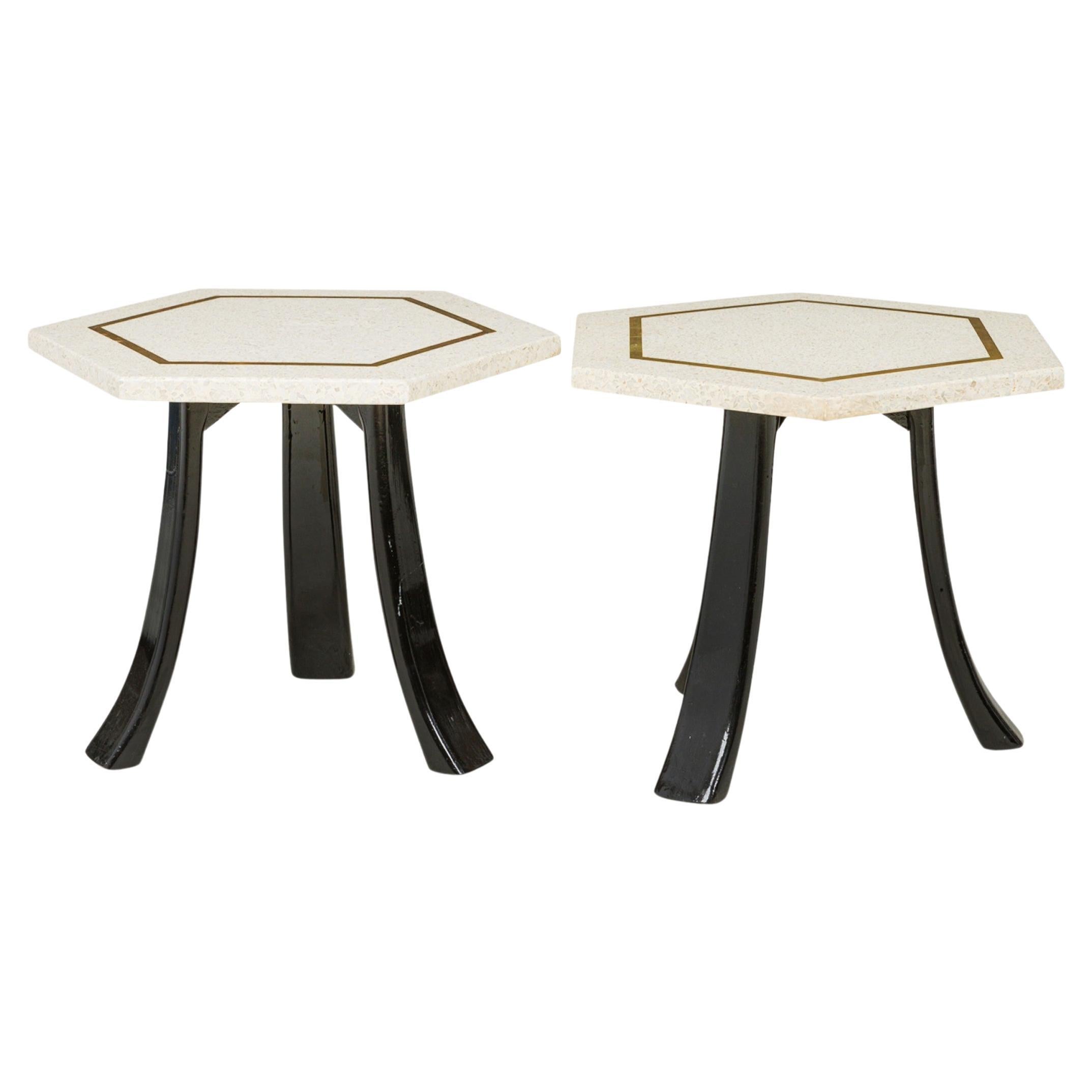 2 Harvey Probber White Terrazzo and Bronze Inlay Hexagonal End / Side Tables