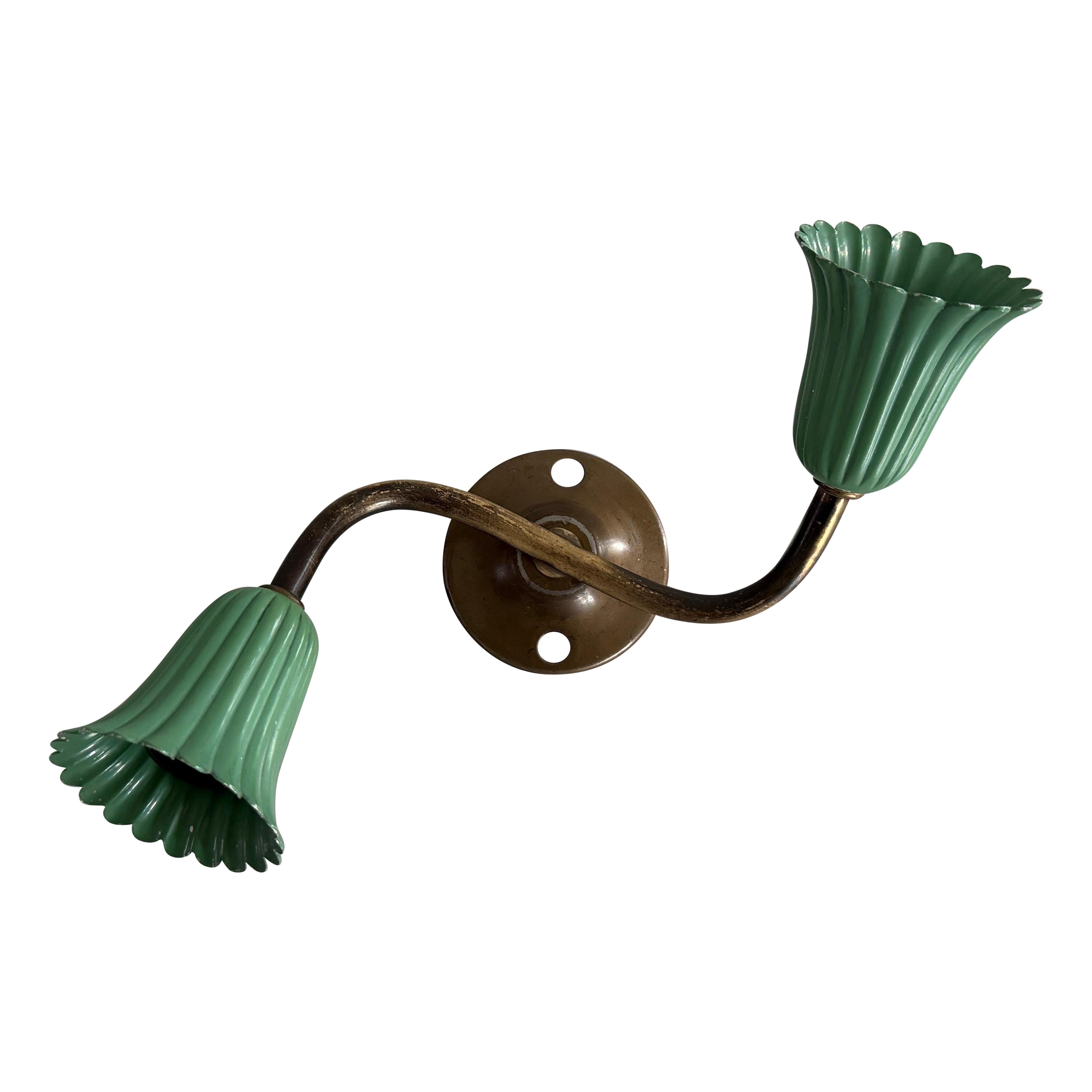 2-head Green Brass Single Small Wall Lamp, 1950s, Italy