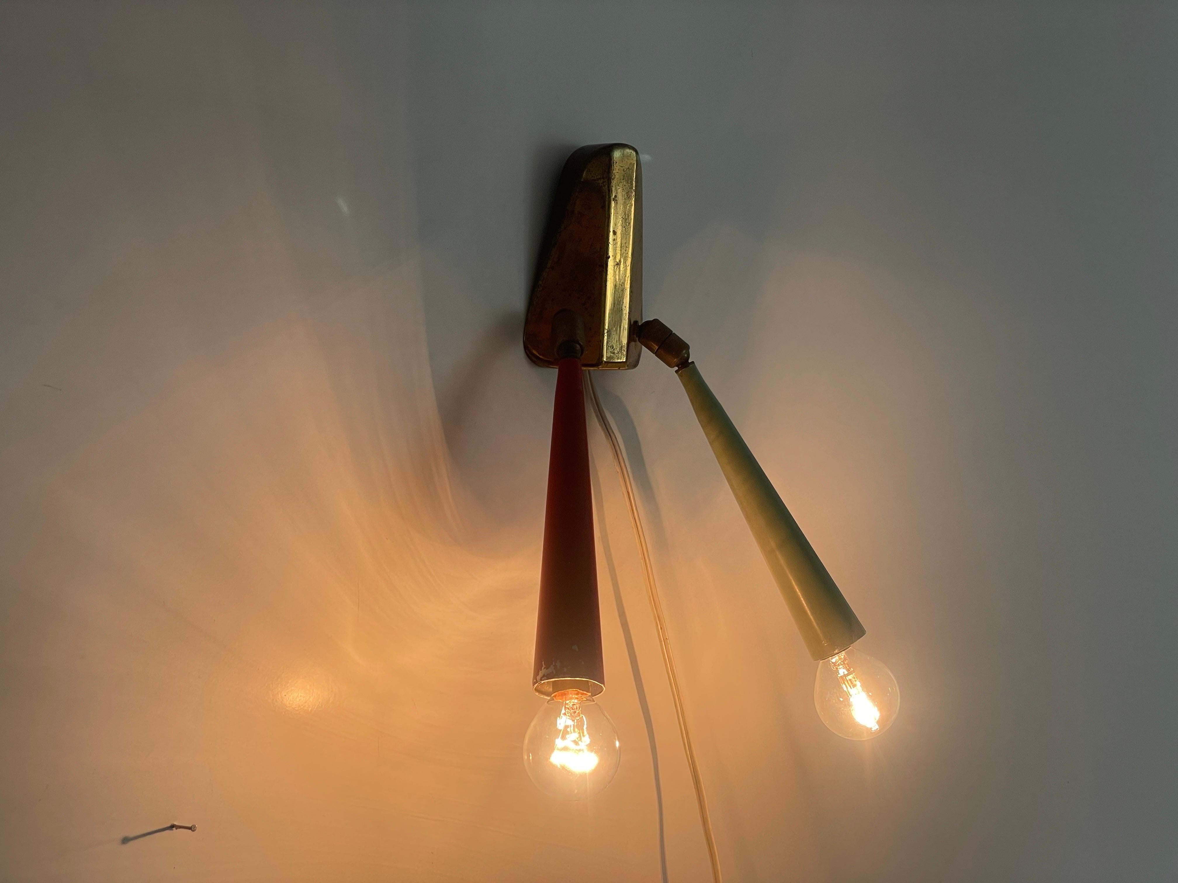 2-head Red and Green Brass Sputnik Wall Lamp, 1950s, Italy For Sale 4