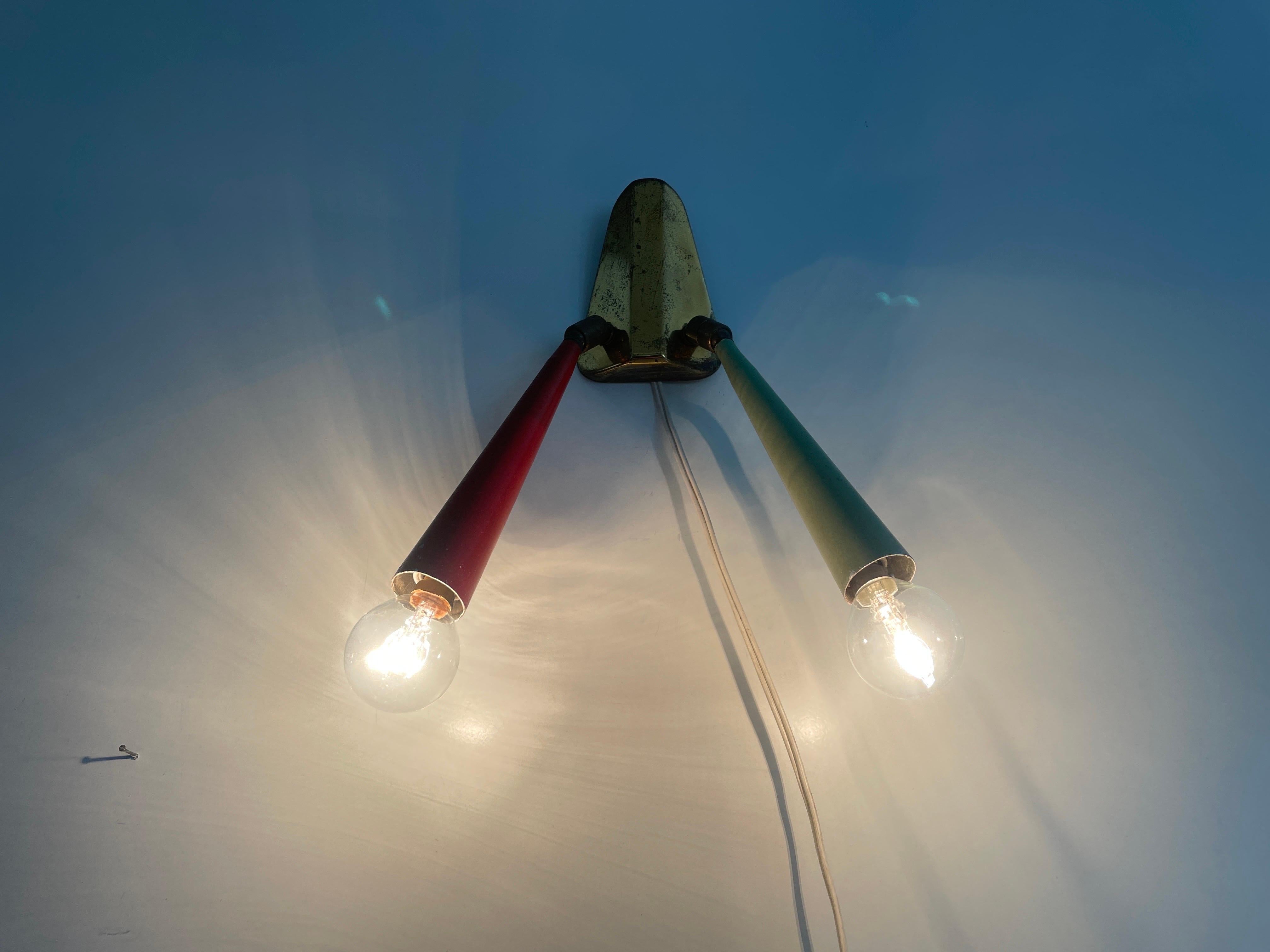 2-head Red and Green Brass Sputnik Wall Lamp, 1950s, Italy For Sale 5