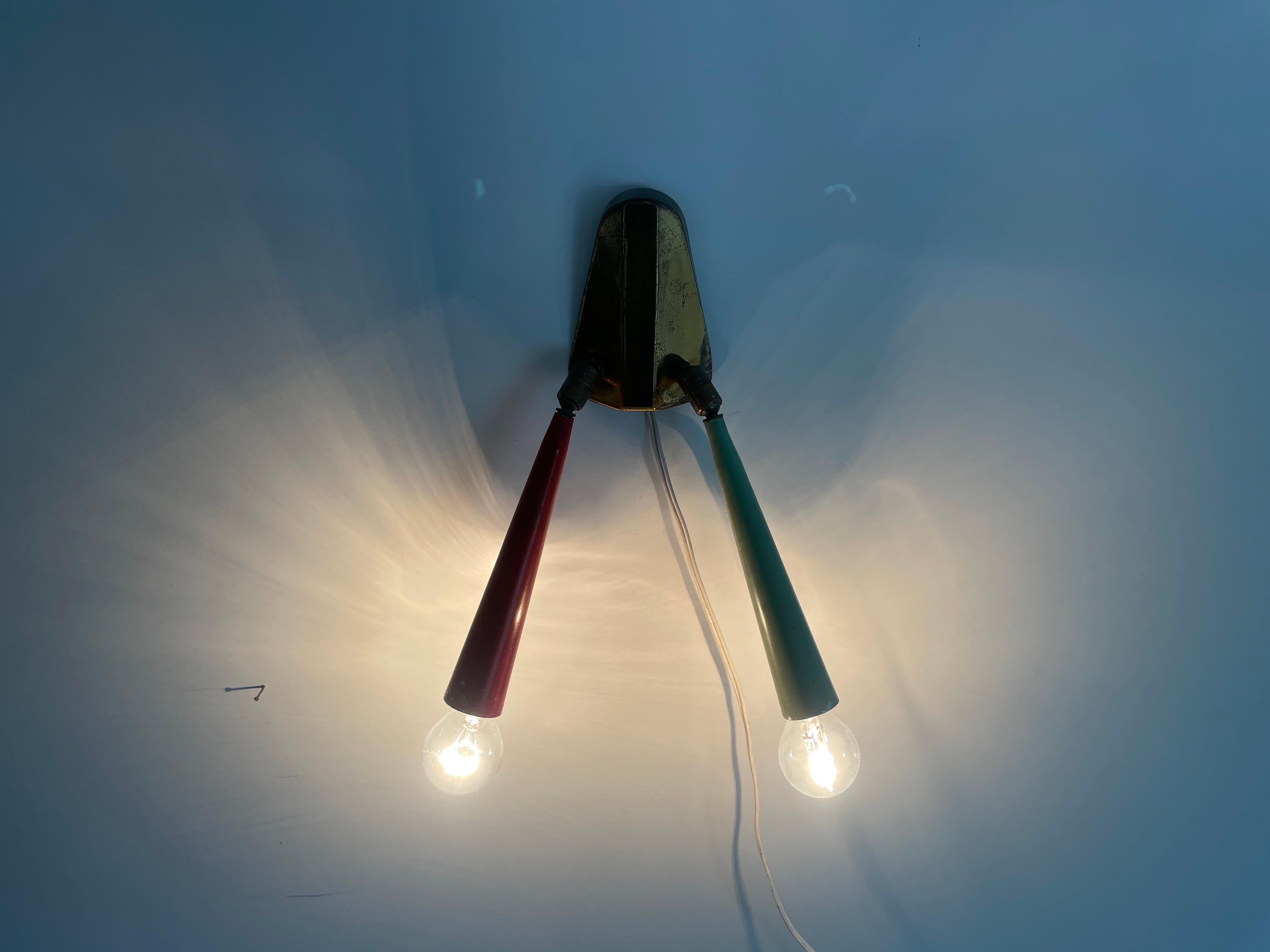 2-head Red and Green Brass Sputnik Wall Lamp, 1950s, Italy For Sale 6