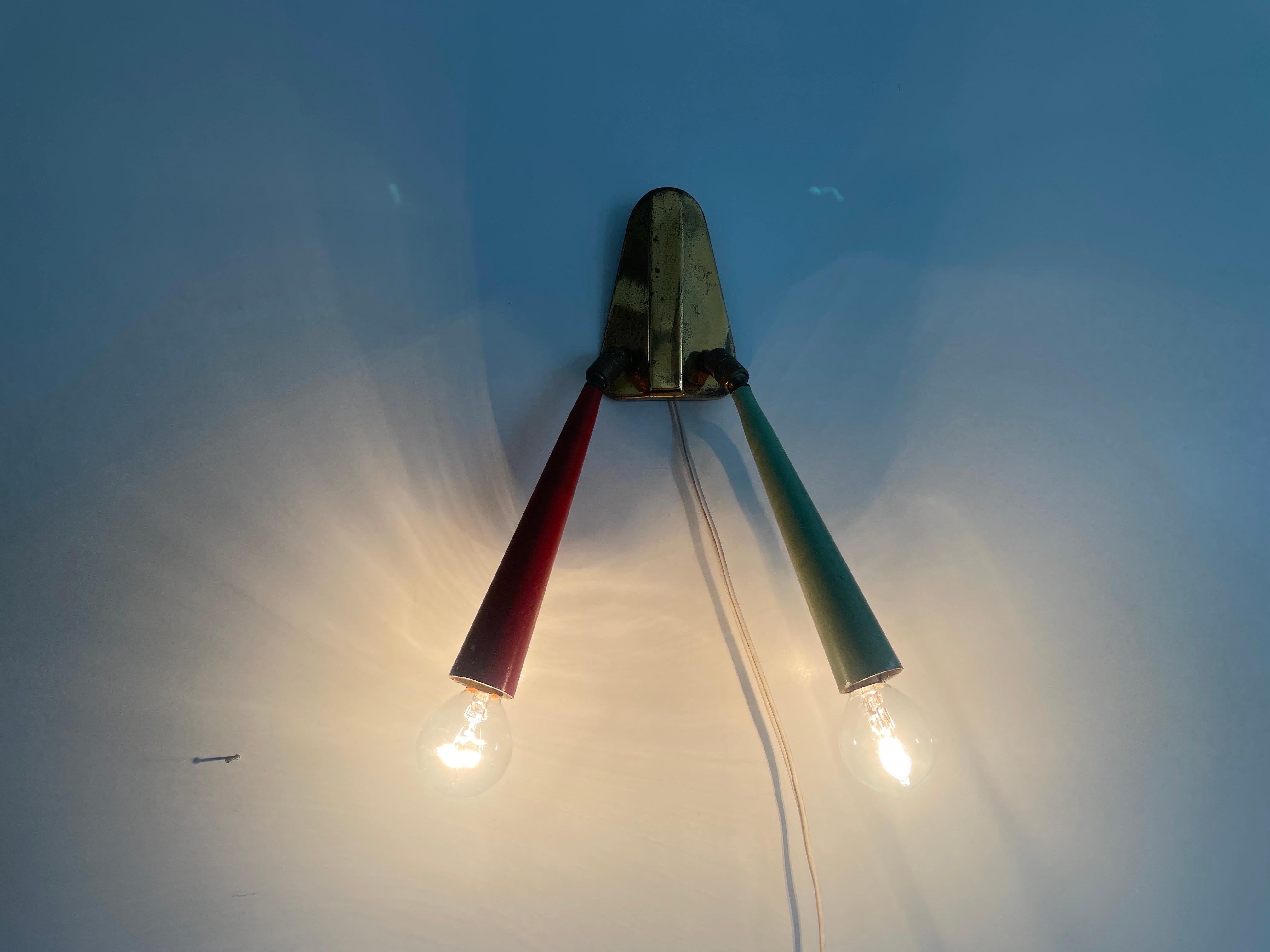 2-head Red and Green Brass Sputnik Wall Lamp, 1950s, Italy For Sale 7
