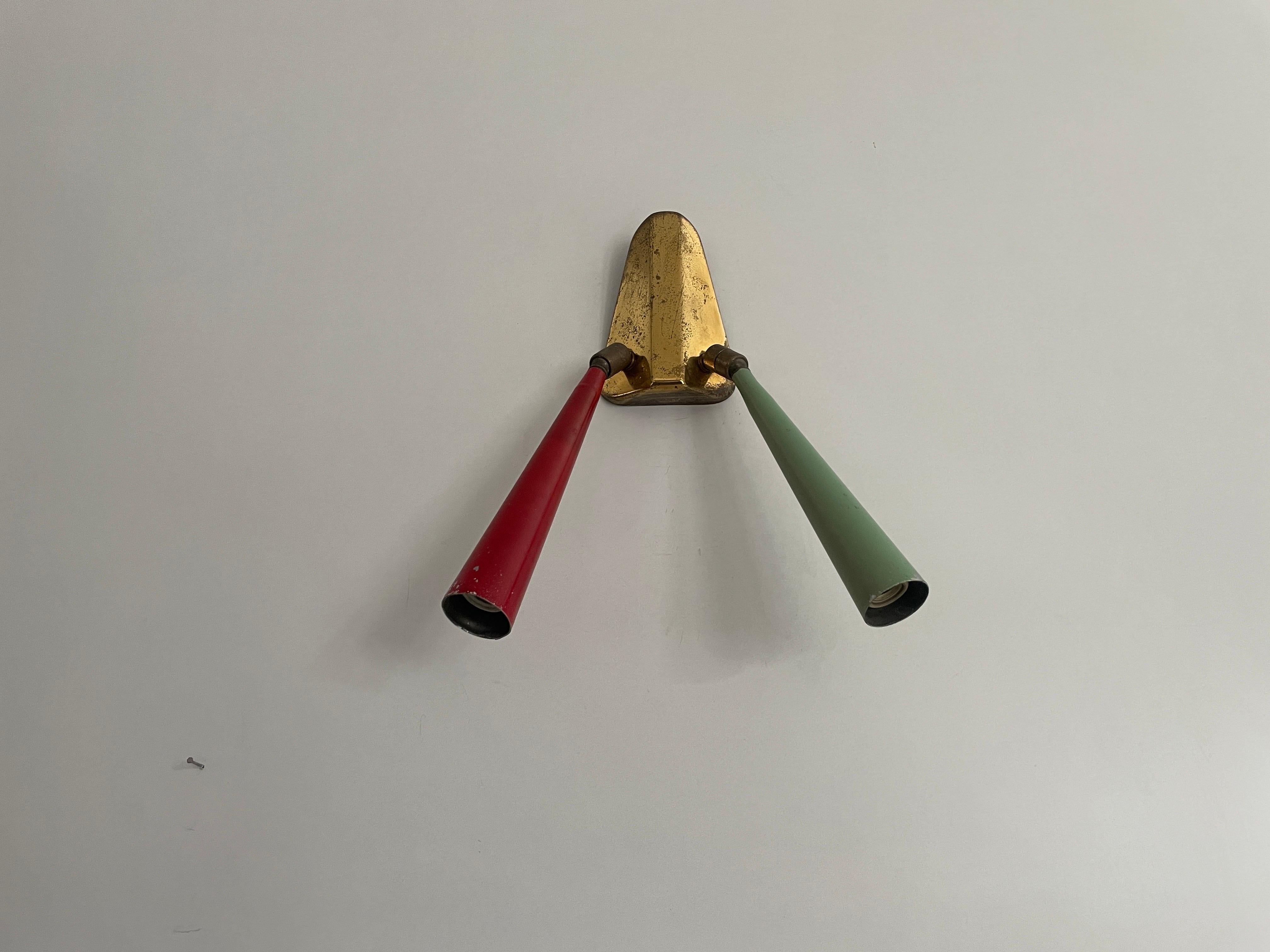 Italian 2-head Red and Green Brass Sputnik Wall Lamp, 1950s, Italy For Sale