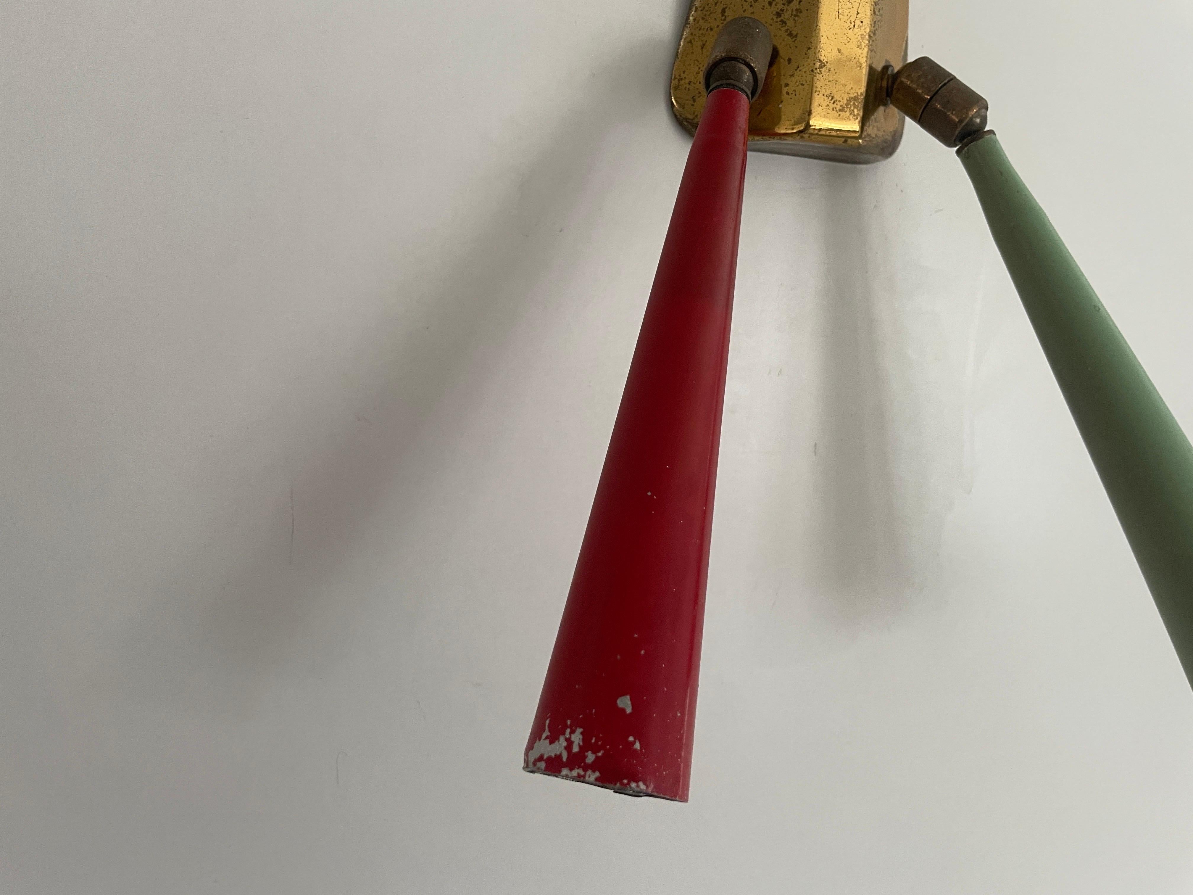 2-head Red and Green Brass Sputnik Wall Lamp, 1950s, Italy For Sale 1