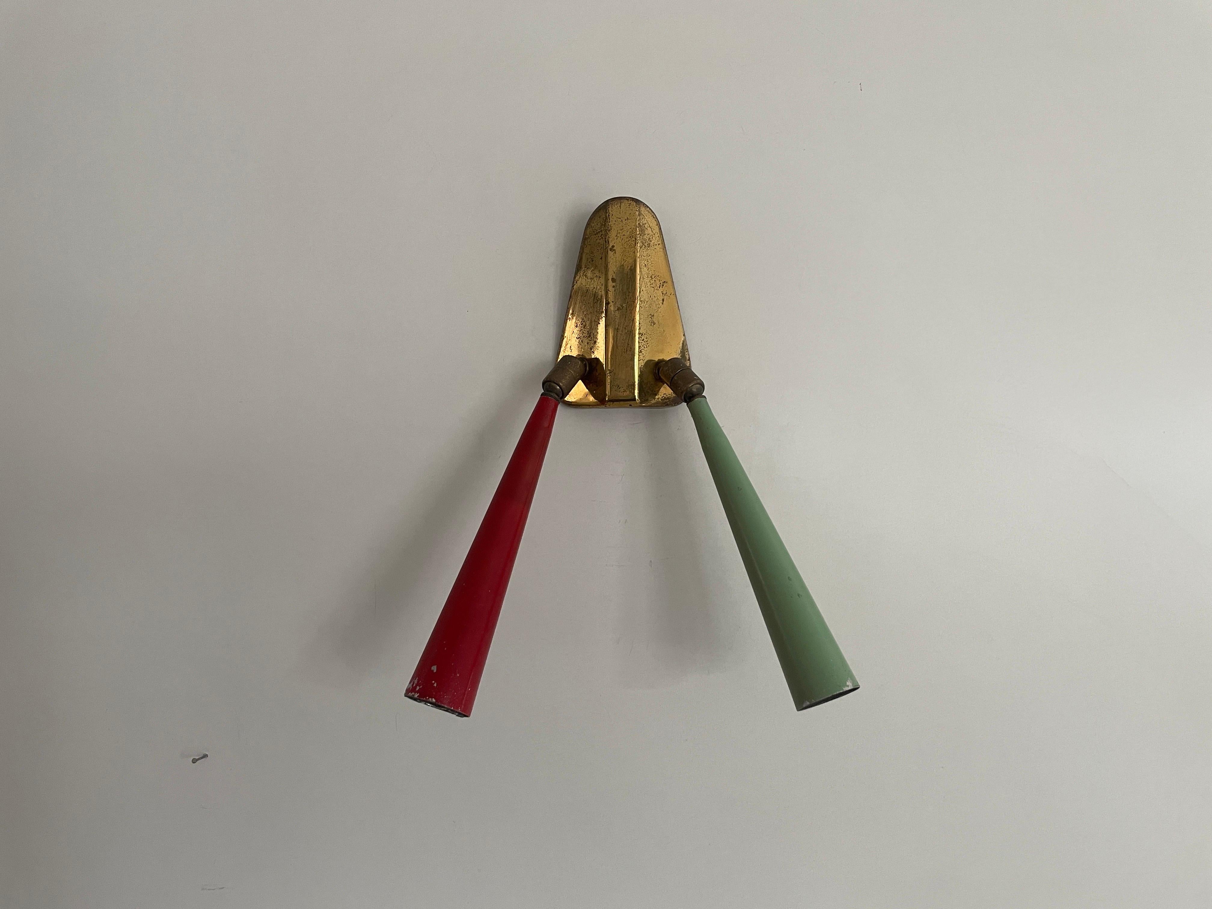 2-head Red and Green Brass Sputnik Wall Lamp, 1950s, Italy For Sale 2