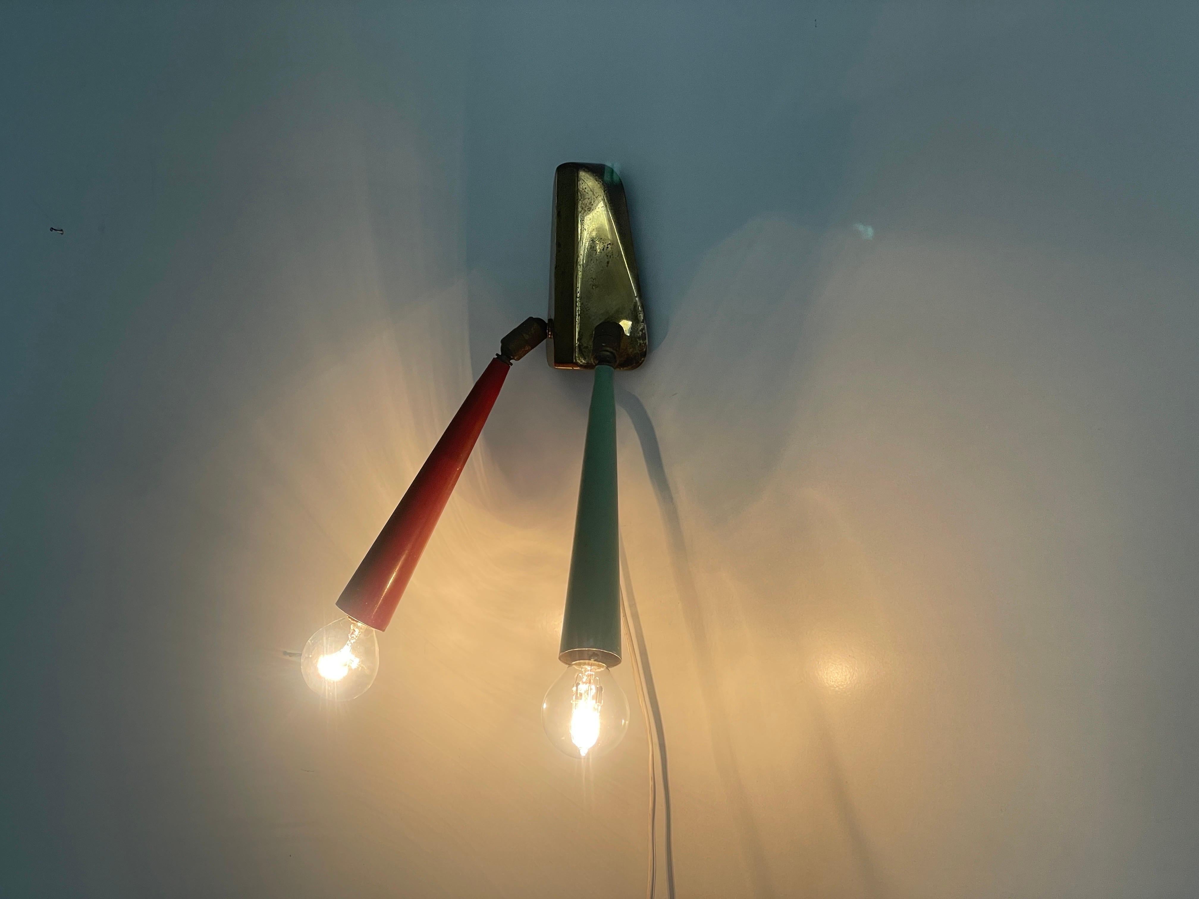2-head Red and Green Brass Sputnik Wall Lamp, 1950s, Italy For Sale 3