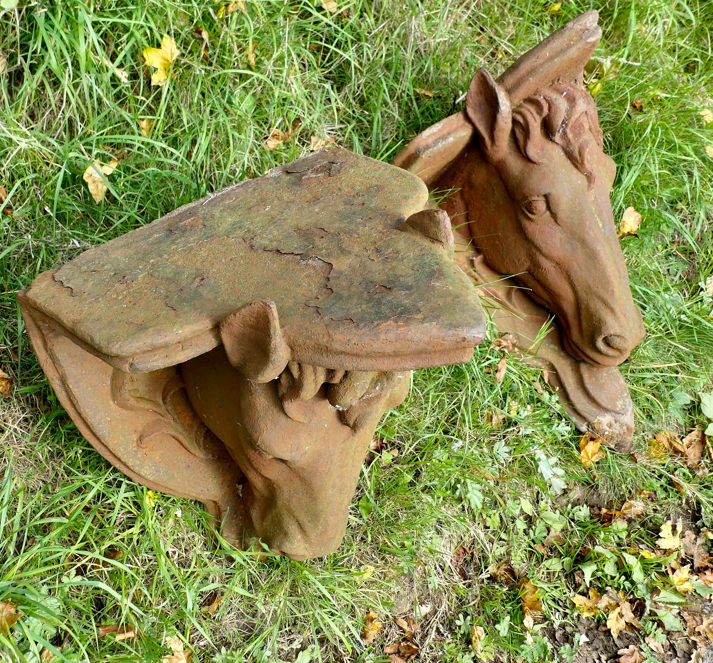 2 schwere gusseiserne Pferdeköpfe als Wandhalterung (Eisen) im Angebot