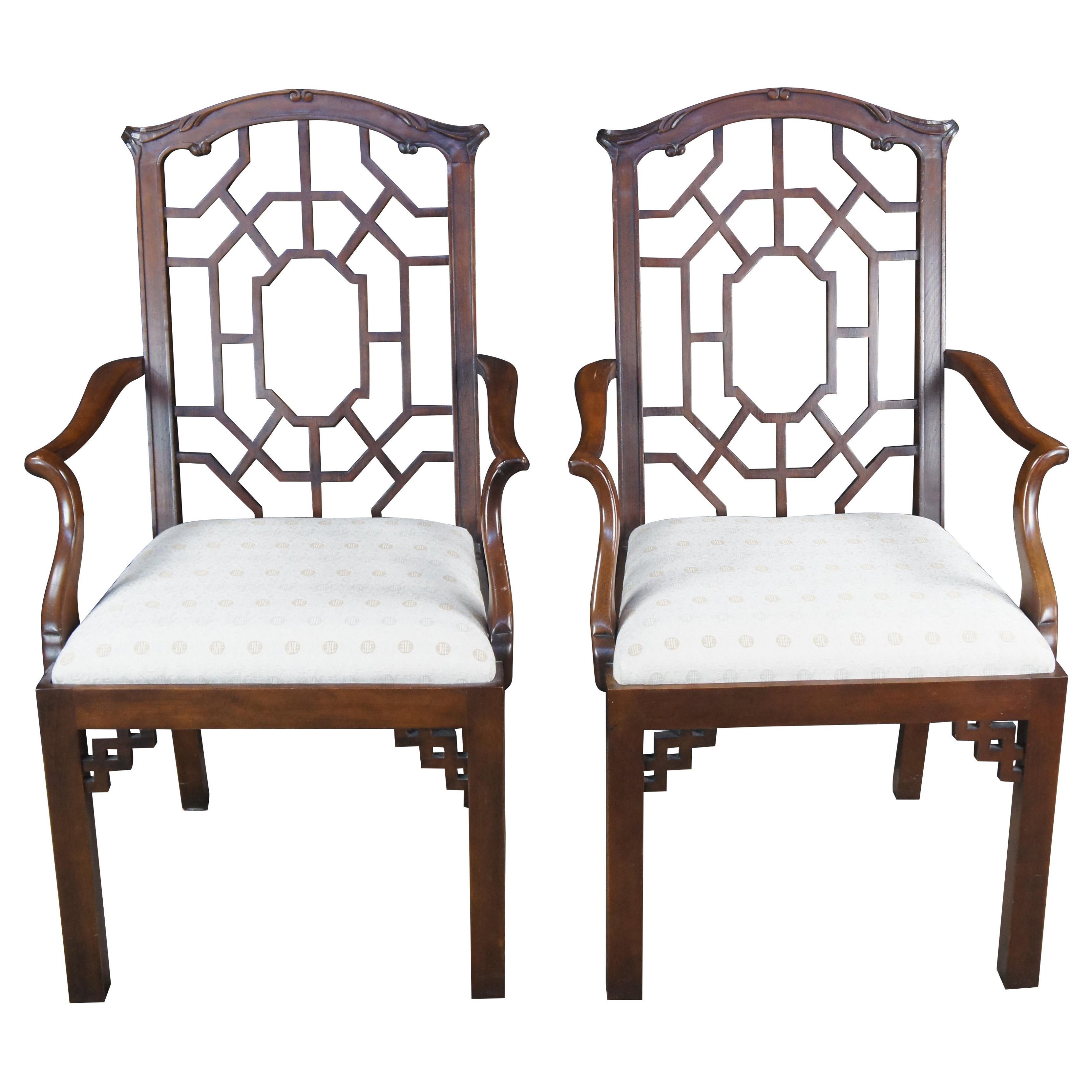 2 Hekman Chinese Chippendale Style Mahogany Spider Back Fretwork Armchairs For Sale