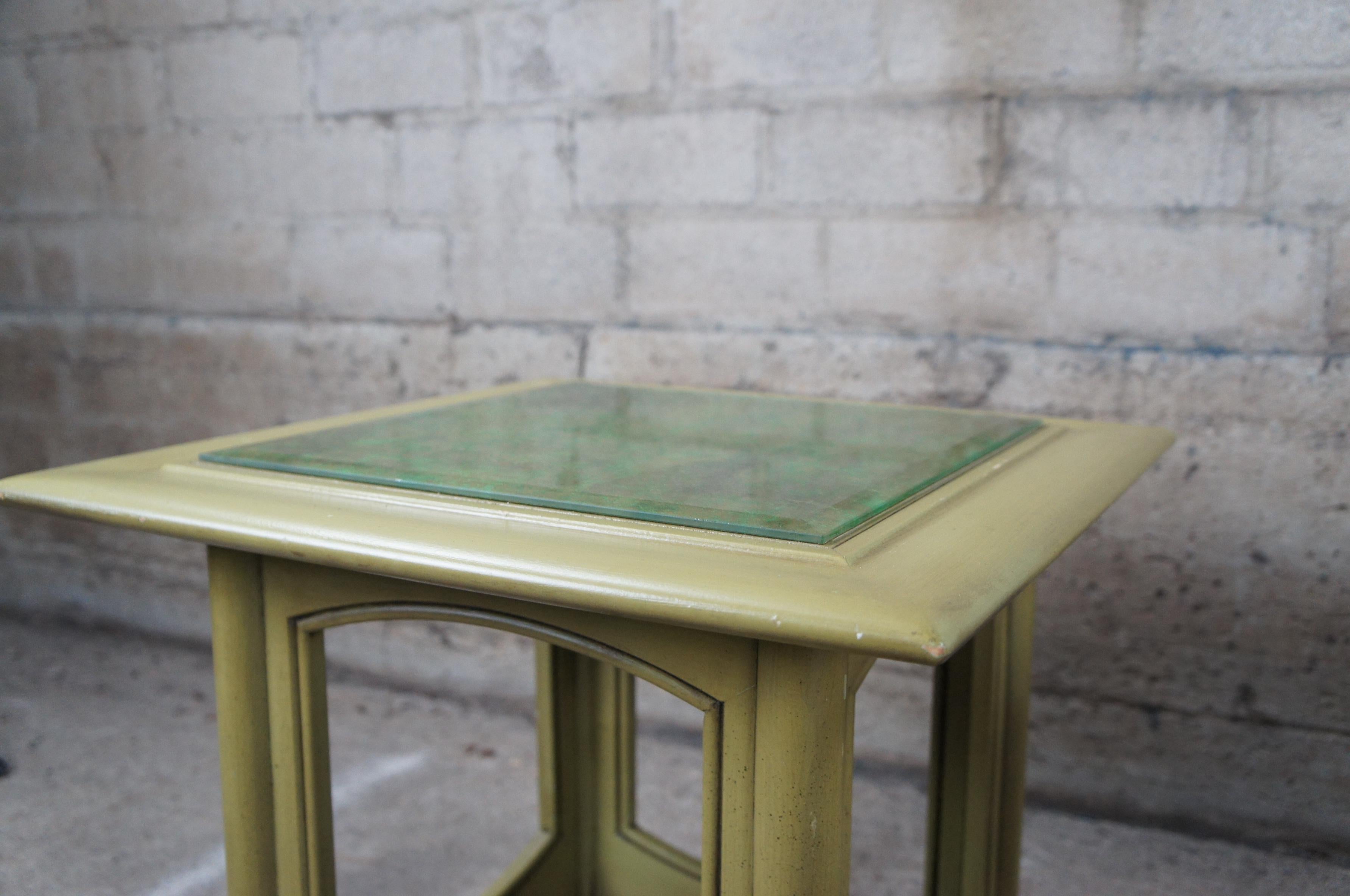 2 Hekman Distressed Green French Brocade Glass Top Side Accent Cocktail Tables For Sale 5