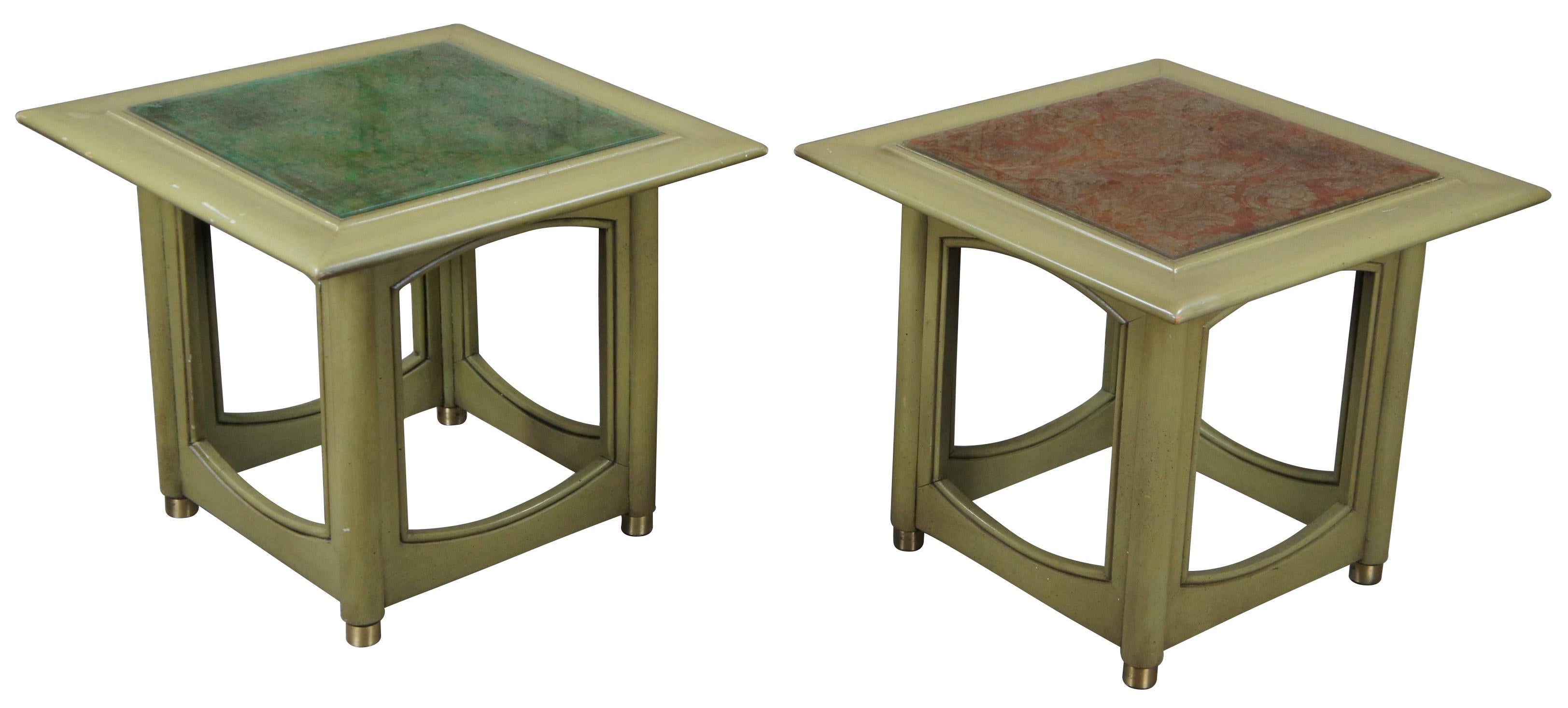 Mid-Century Modern 2 Hekman Distressed Green French Brocade Glass Top Side Accent Cocktail Tables For Sale