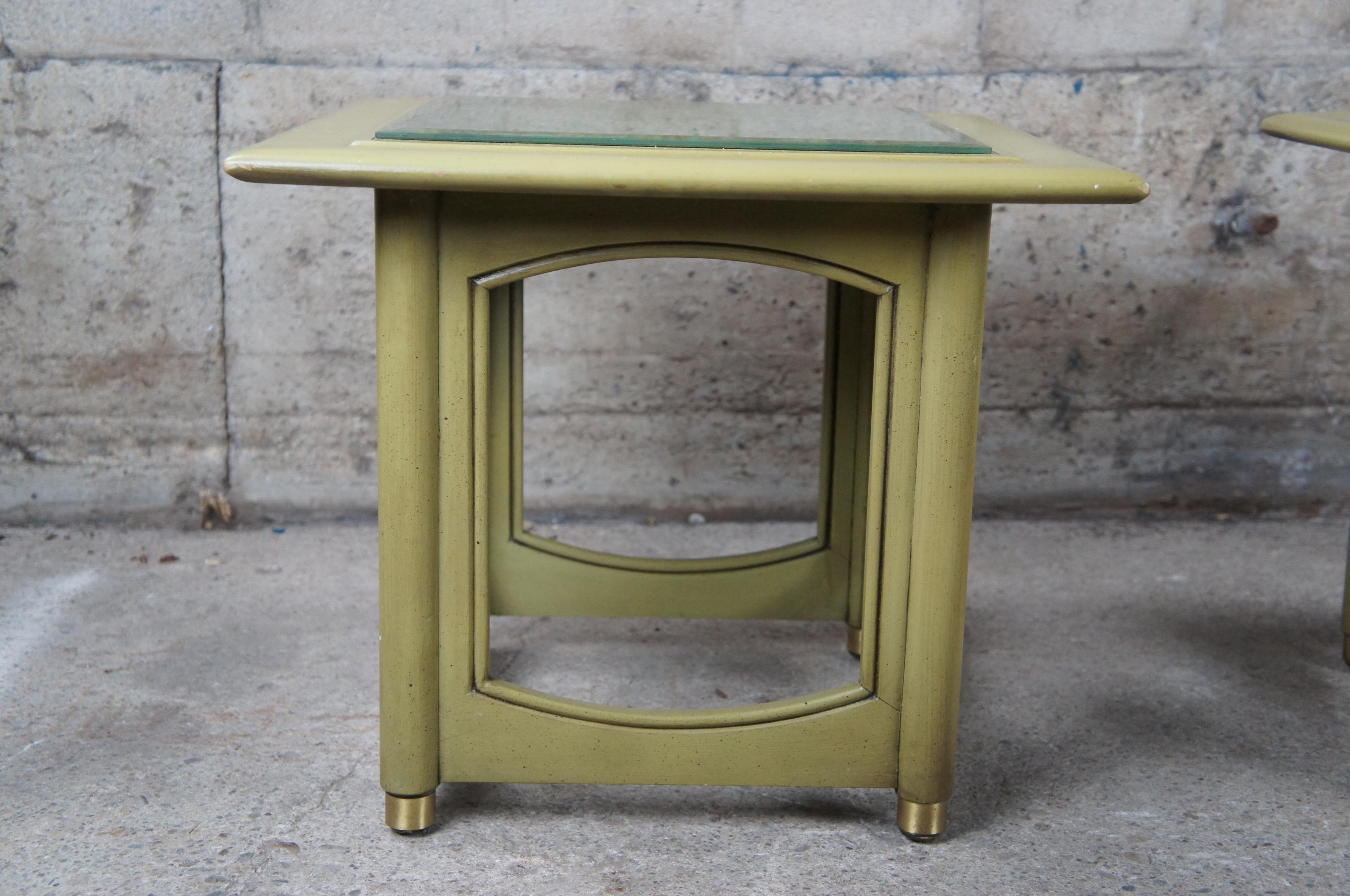 2 Hekman Distressed Green French Brocade Glass Top Side Accent Cocktail Tables For Sale 2