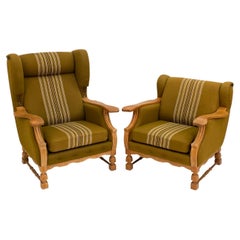 Vintage (2) Henning Kjaernulf Danish Mid-Century Carved Oak "His & Hers" Lounge Chairs