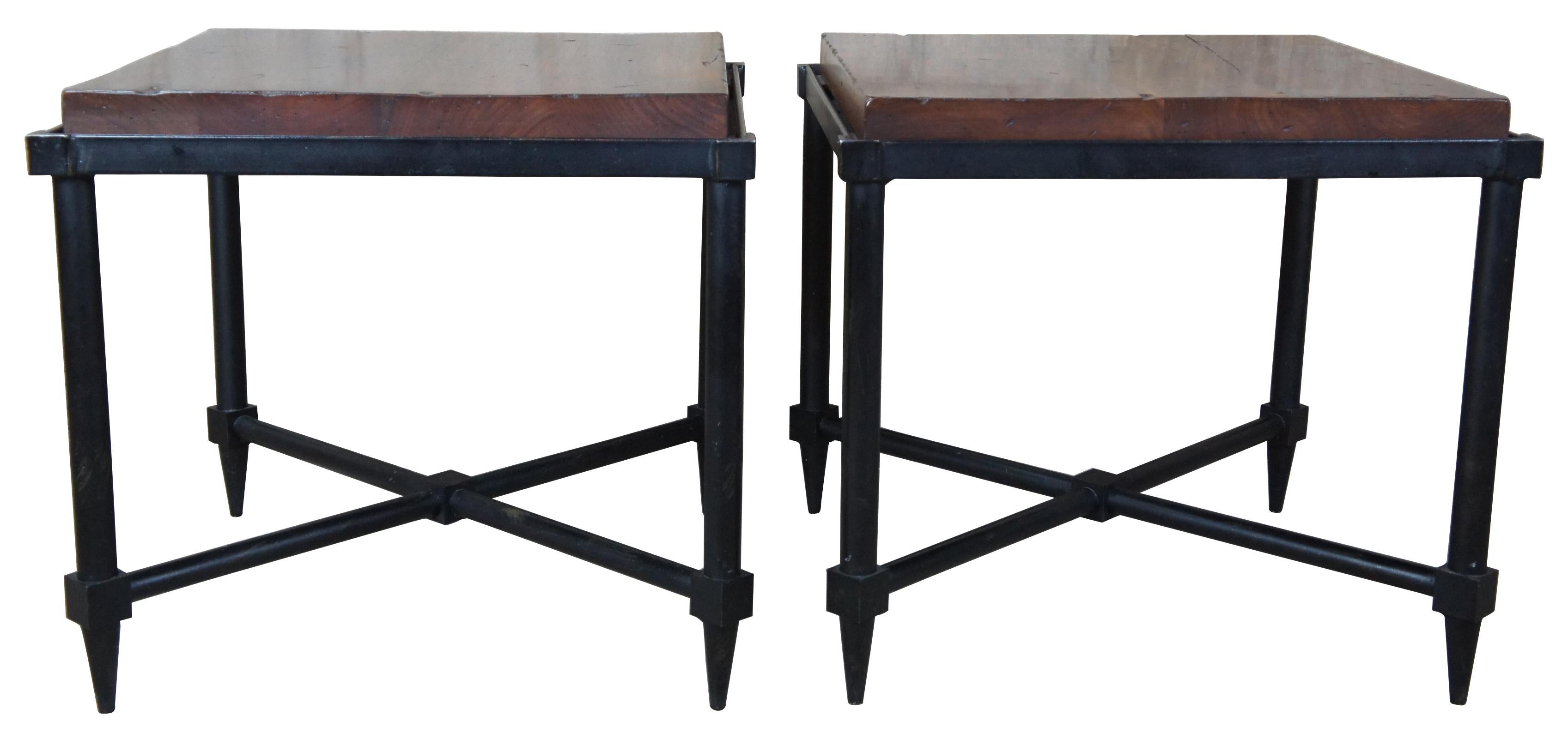 A unique pair of rustic and traditional side or accent tables from the Acquisitions collection by Henredon. Features a distressed walnut slab inset into an iron base with X-frame and arrow pointed feet.

On Dec. 5, 2002 the often-heard rumors