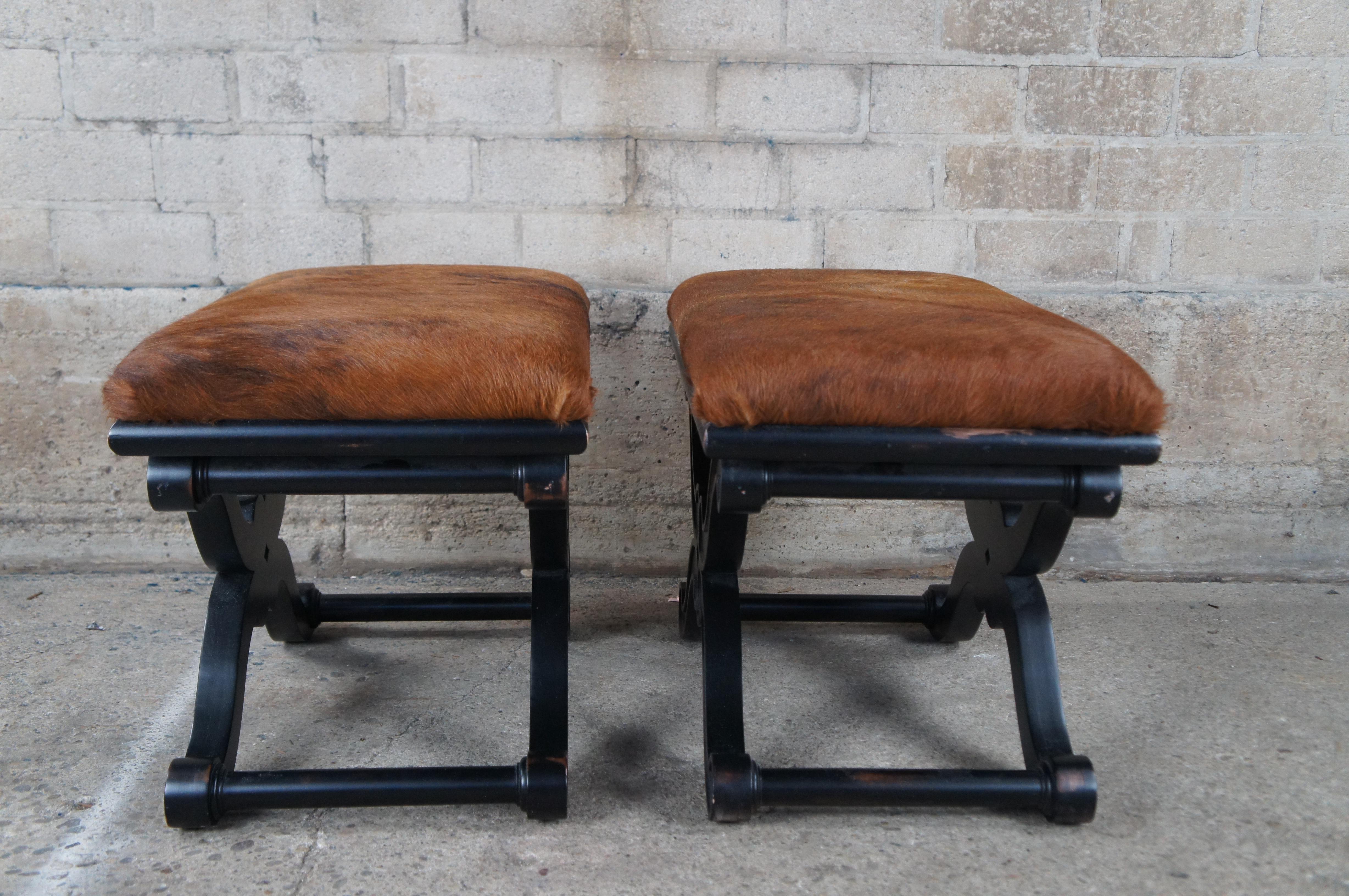 2 Henredon Celerie Kemble French Empire Curule Cowhide Stools Ottomans Bench In Good Condition For Sale In Dayton, OH