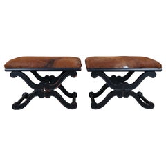2 Henredon Celerie Kemble French Empire Curule Cowhide Stools Ottomans Bench