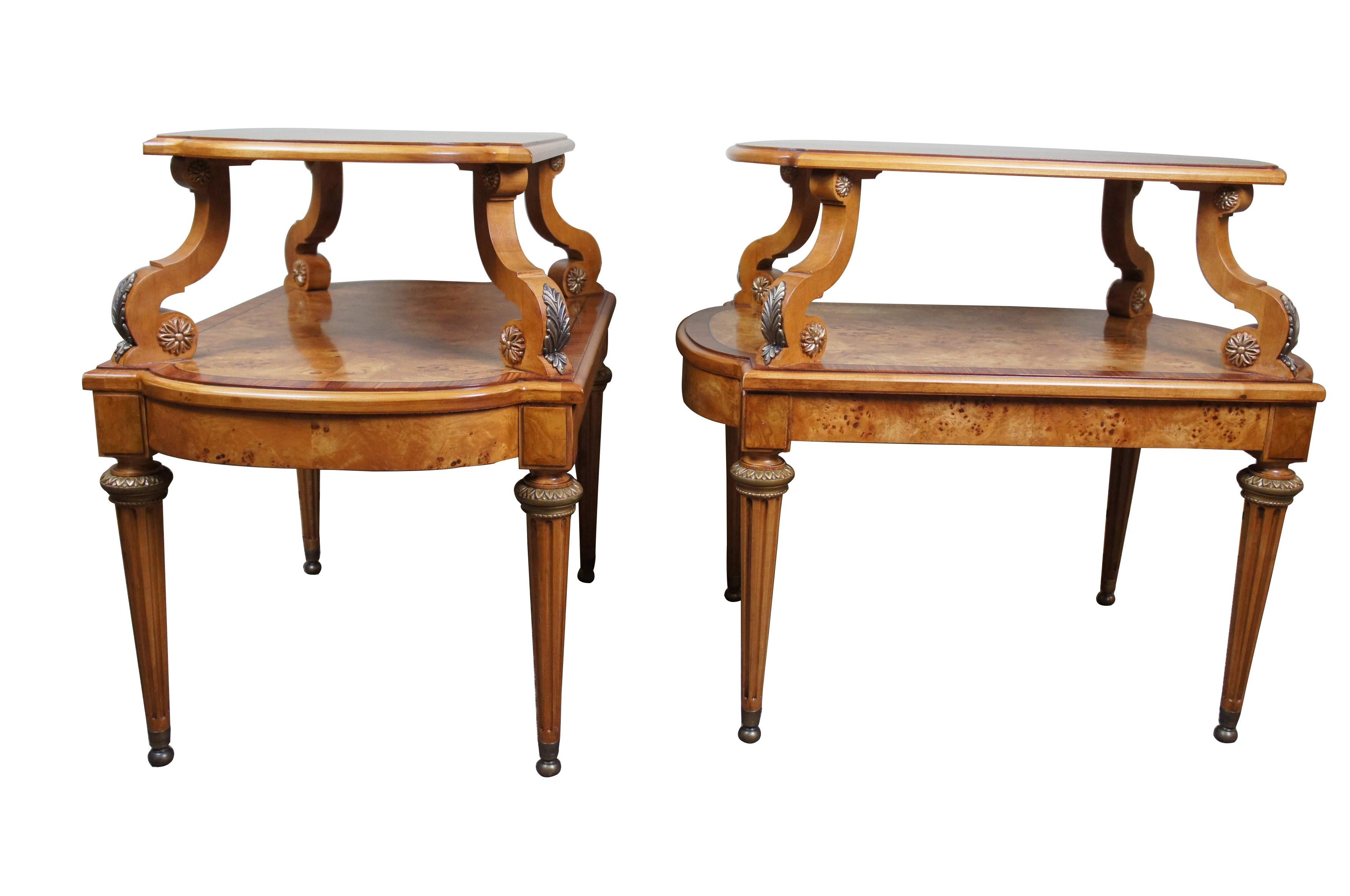 American 2 Henredon French Empire Olive Ashwood Burled Side Tables 2-Tier Neoclassical