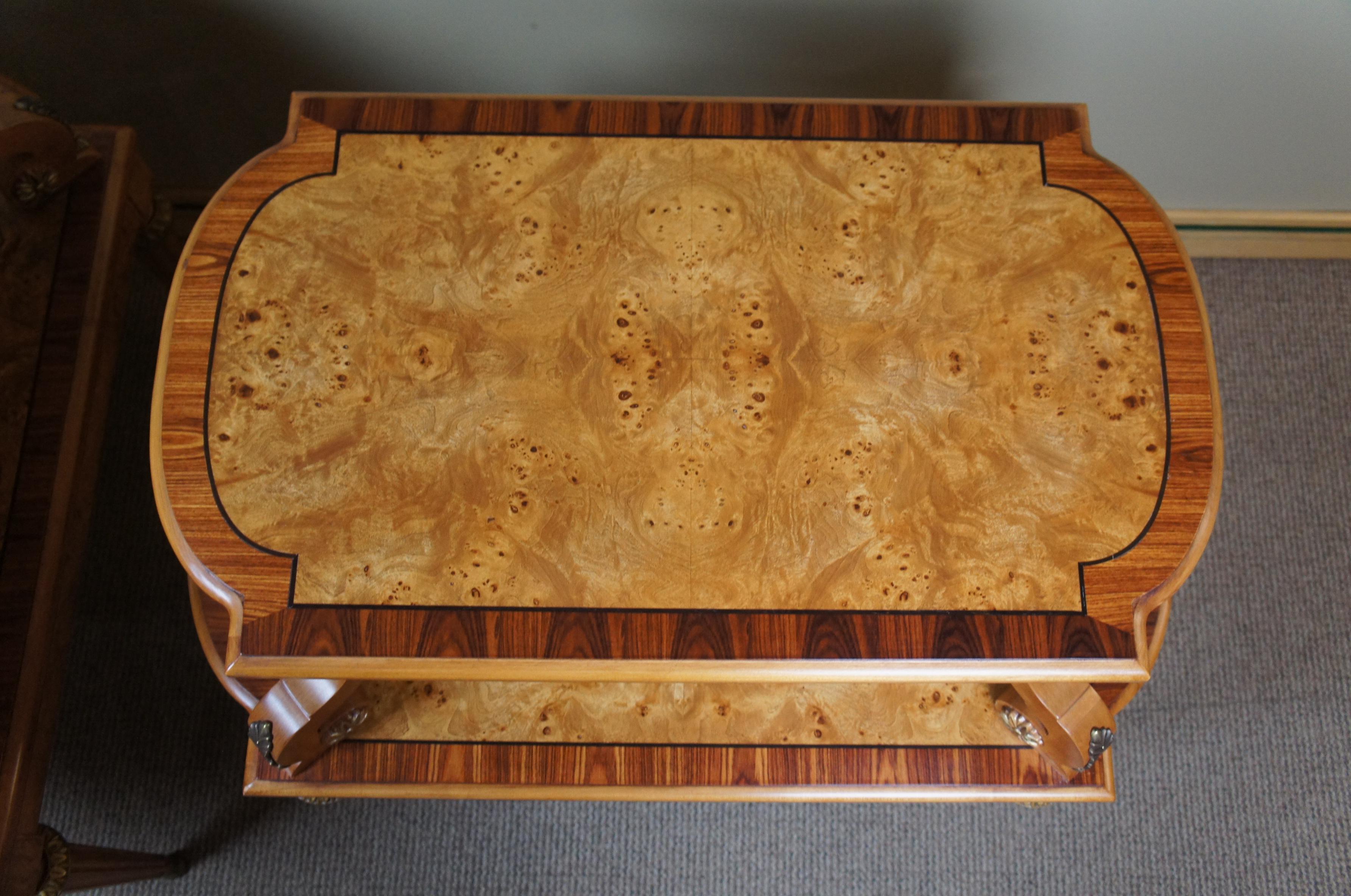 2 Henredon French Empire Olive Ashwood Burled Side Tables 2-Tier Neoclassical In Good Condition In Dayton, OH