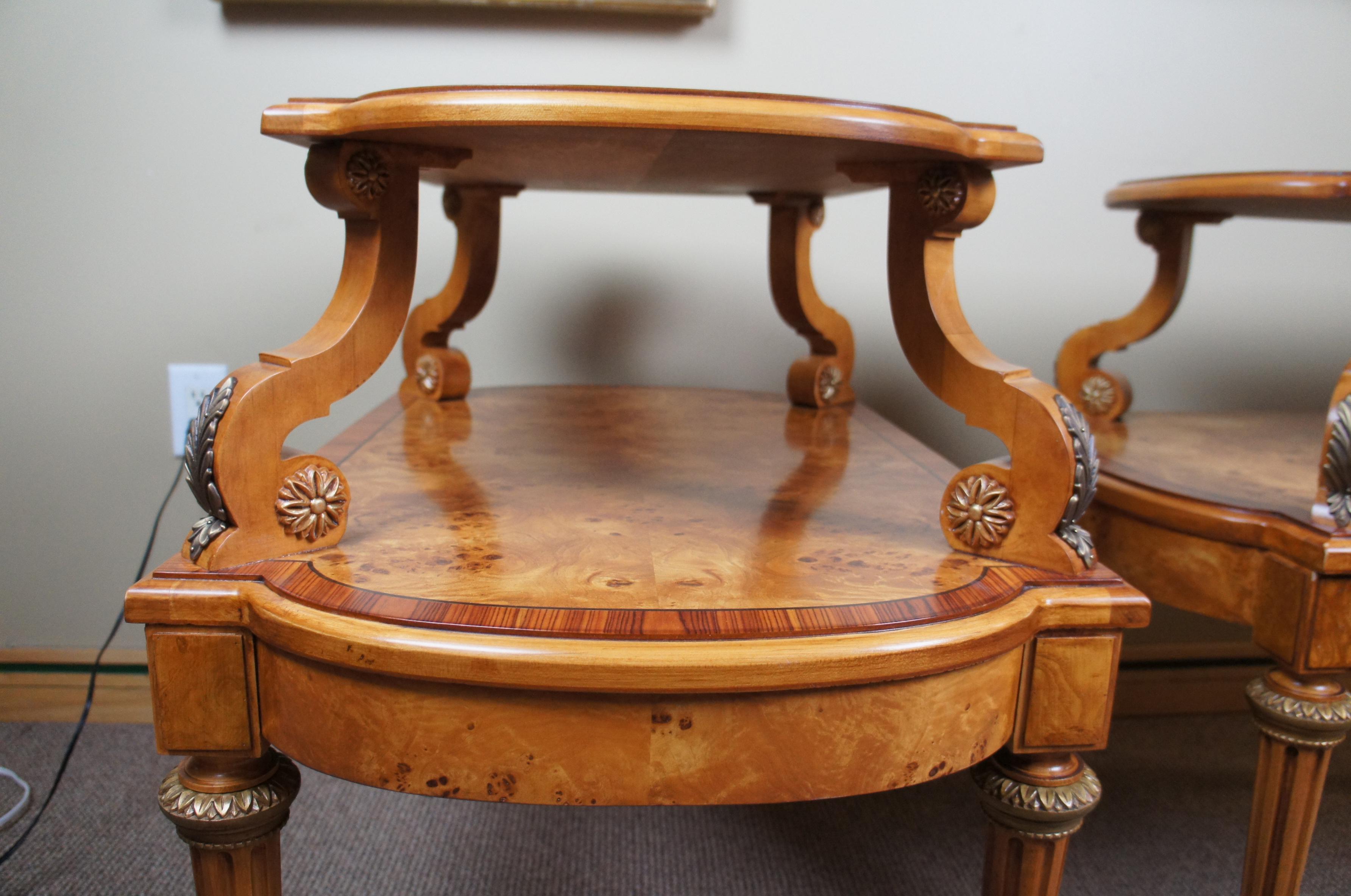 2 Henredon French Empire Olive Ashwood Burled Side Tables 2-Tier Neoclassical 3